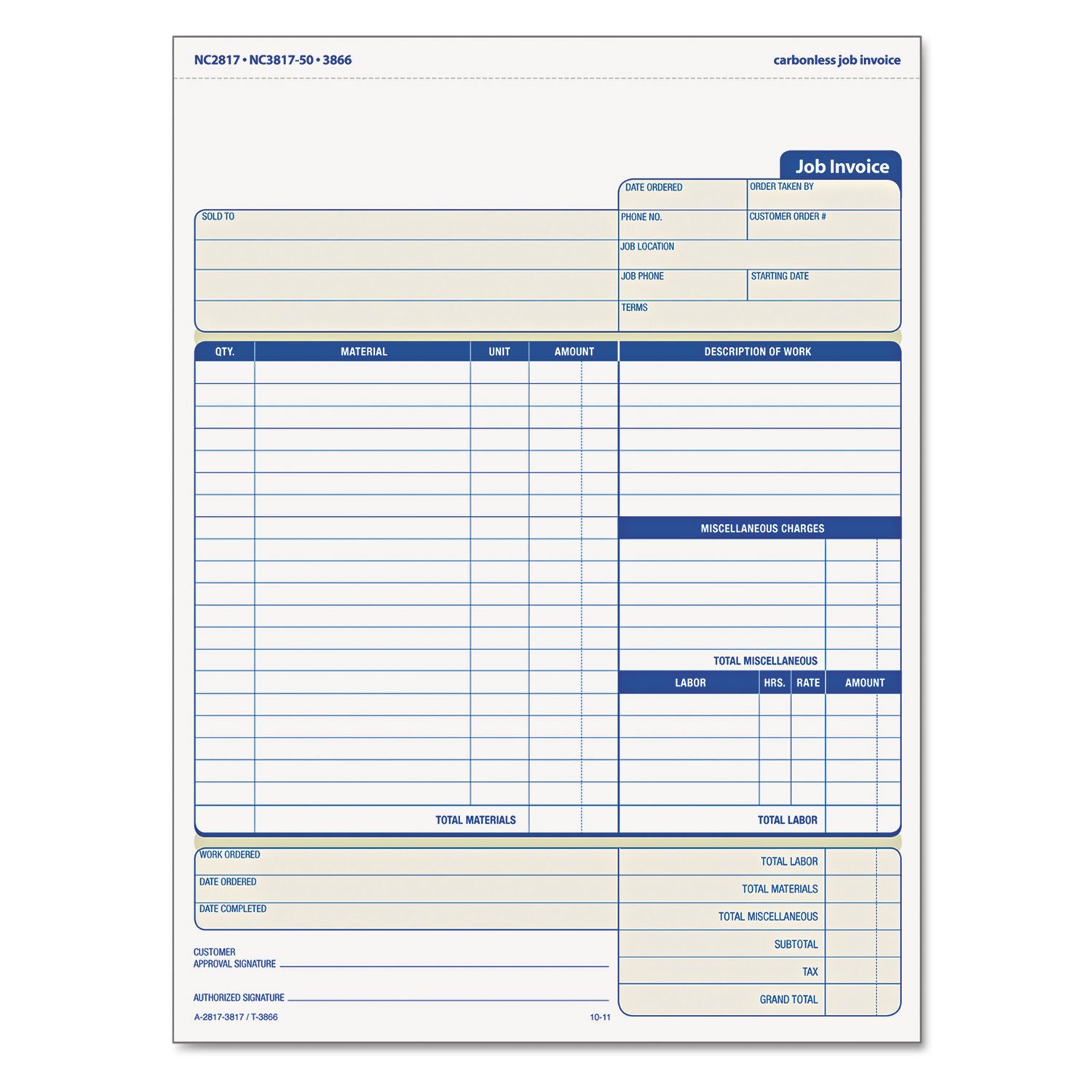Office Realm - TOP3866 Snap-Off Job Invoice Form - Carbonless Duplicate Copy for Construction, Cleaning & Service Businesses - Perfect for Contractors, Handymen & Small Business Owners