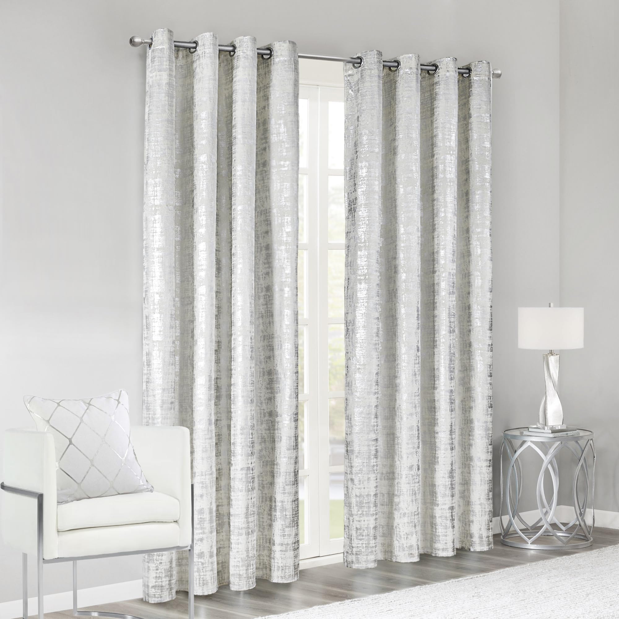 SHINELAND Silver Blackout Curtains for Bedroom - 2 Panel Set, 60-70% Light Blocking, Coquette Style for Girls Room & Preppy Decor - Perfect for Master Bedroom, Nursery, Dorm & Home Theater