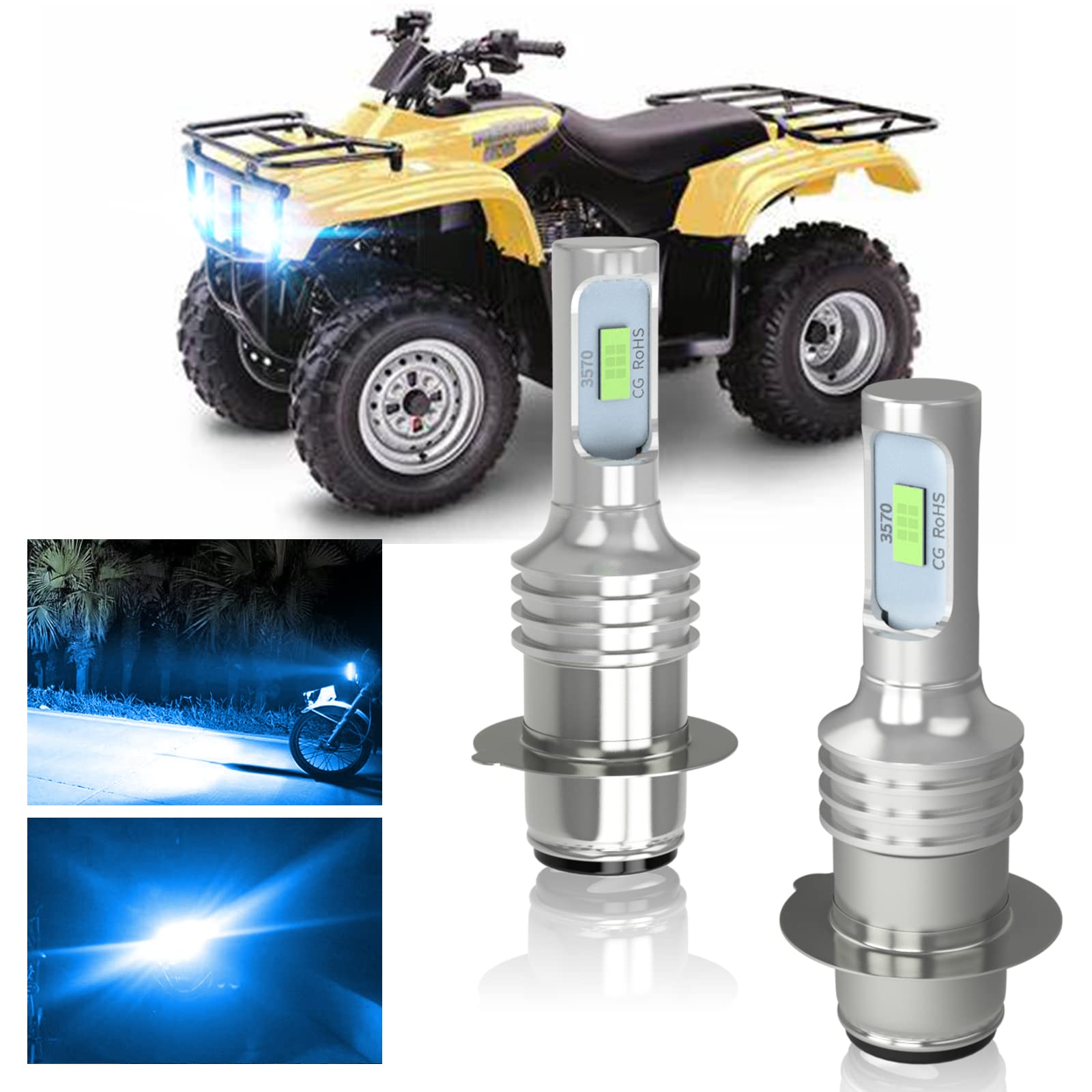 1997-2004 Honda Recon 250 LED Headlight Bulb Kit - P15D H6M High/Low Beam, 1500LM 8000K Ice Blue, Wireless Plug & Play (2-Pack) - Perfect for Off-Road Adventures & Night Riding