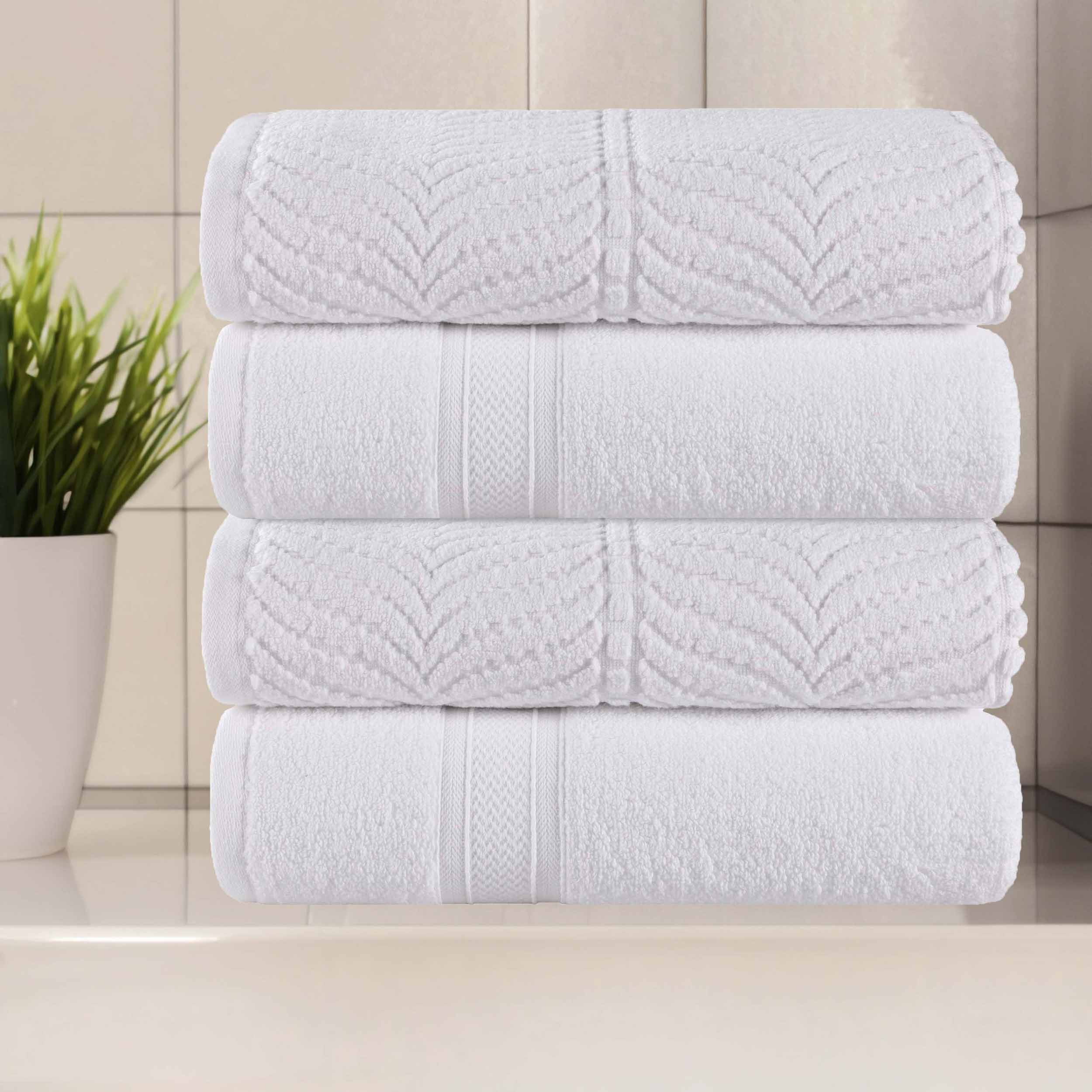 Premium 100% Zero Twist Cotton Bath Towel Set of 4 - Ultra Soft & Absorbent Solid & Jacquard Chevron Design - Luxury Spa, Bathroom & Beach Essentials