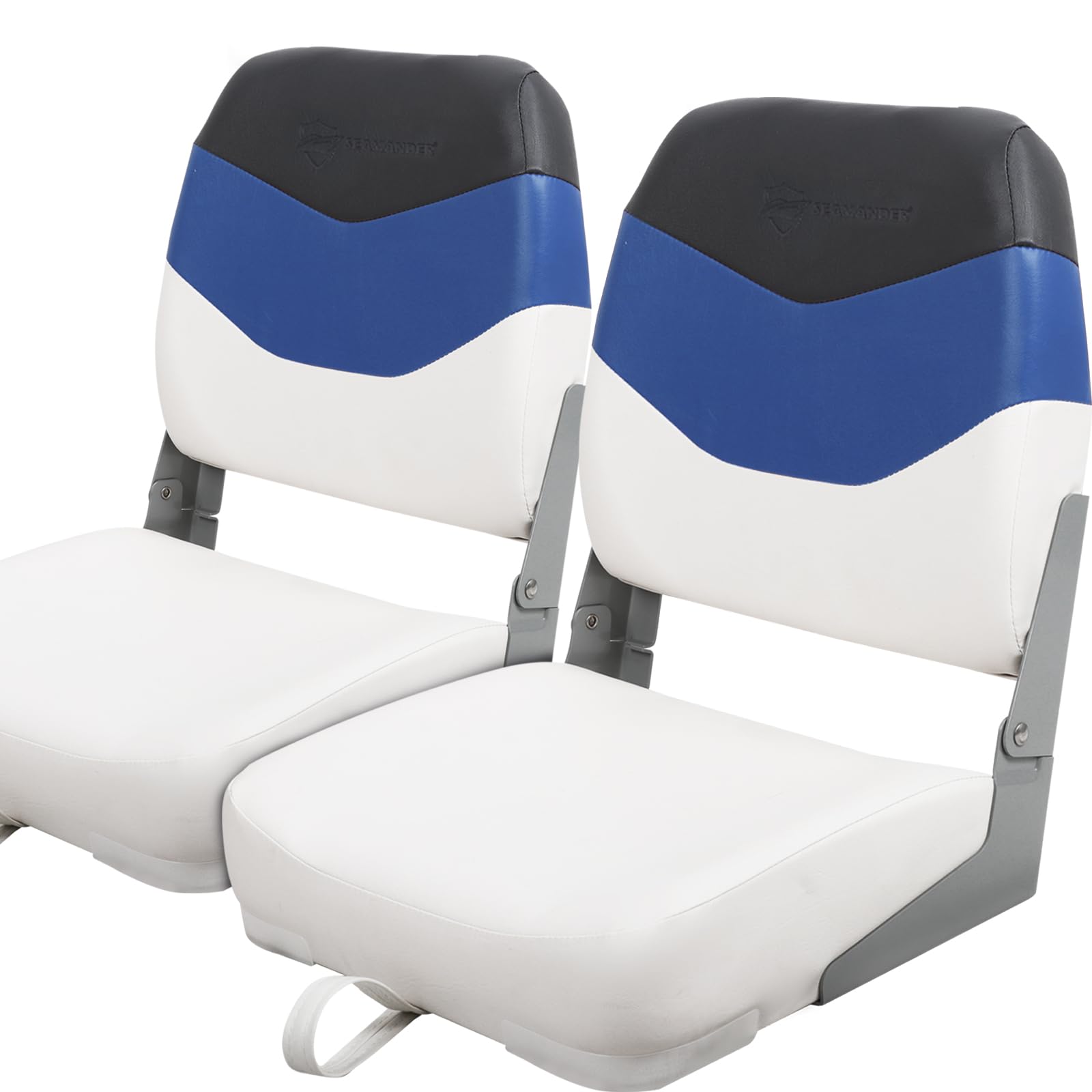 Seamander Low & High Back Folding Boat Seat - 2 Pack for Fishing & Boating (White, Pacific Blue, Dark Grey) - Perfect for Pontoon, Bass & Fishing Boats