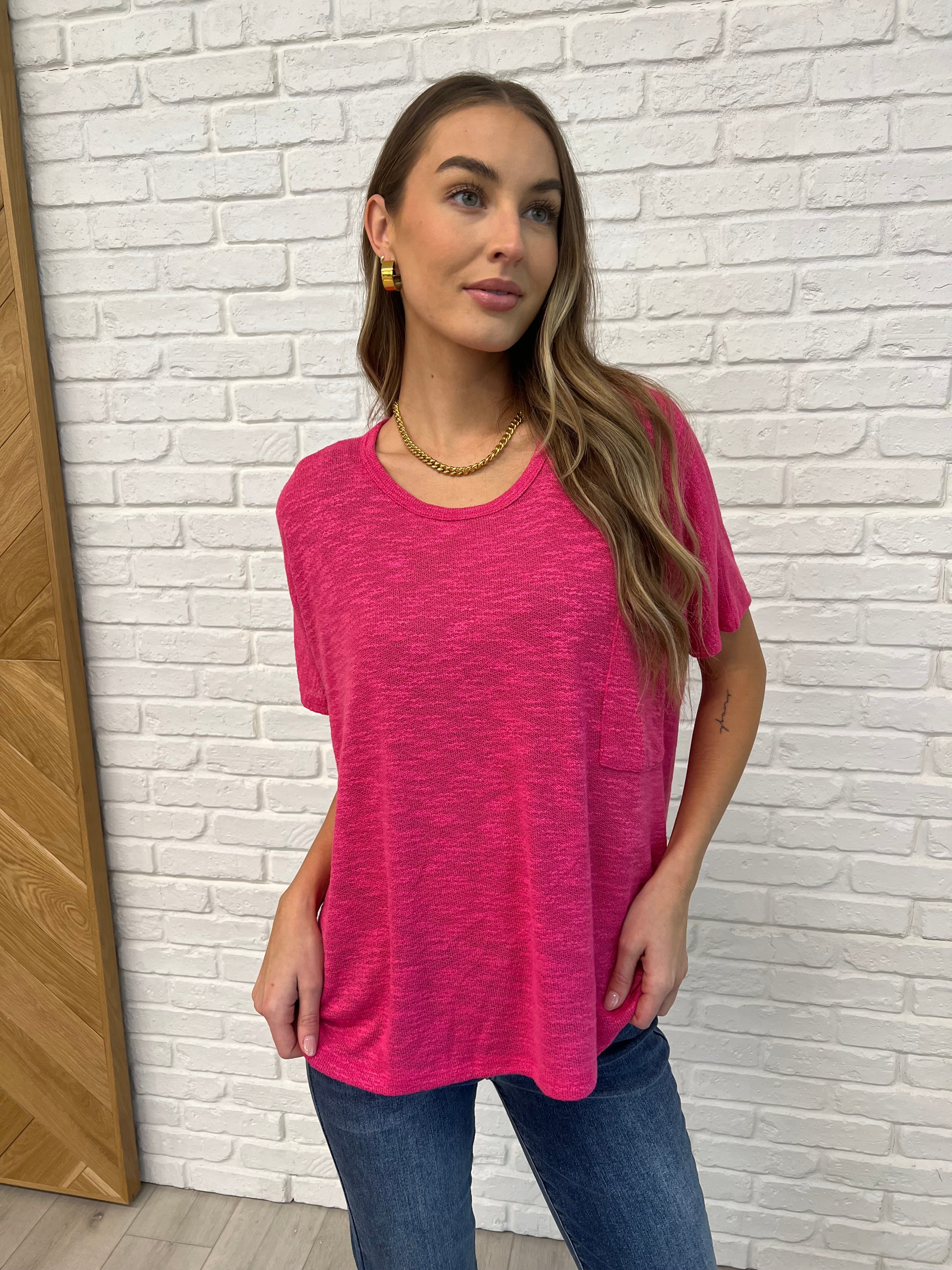 Flowy Dolman Sleeve Blouse in Hot Pink - Women's Loose Fit Casual Tunic Top for Summer Outfits & Layering