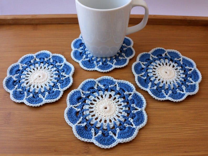 Handmade Crochet Doily Coasters Set of 6 - Blue and White Cotton Coasters - Perfect for Tea Cups, Coffee Mugs & Home Decor - Made to Order