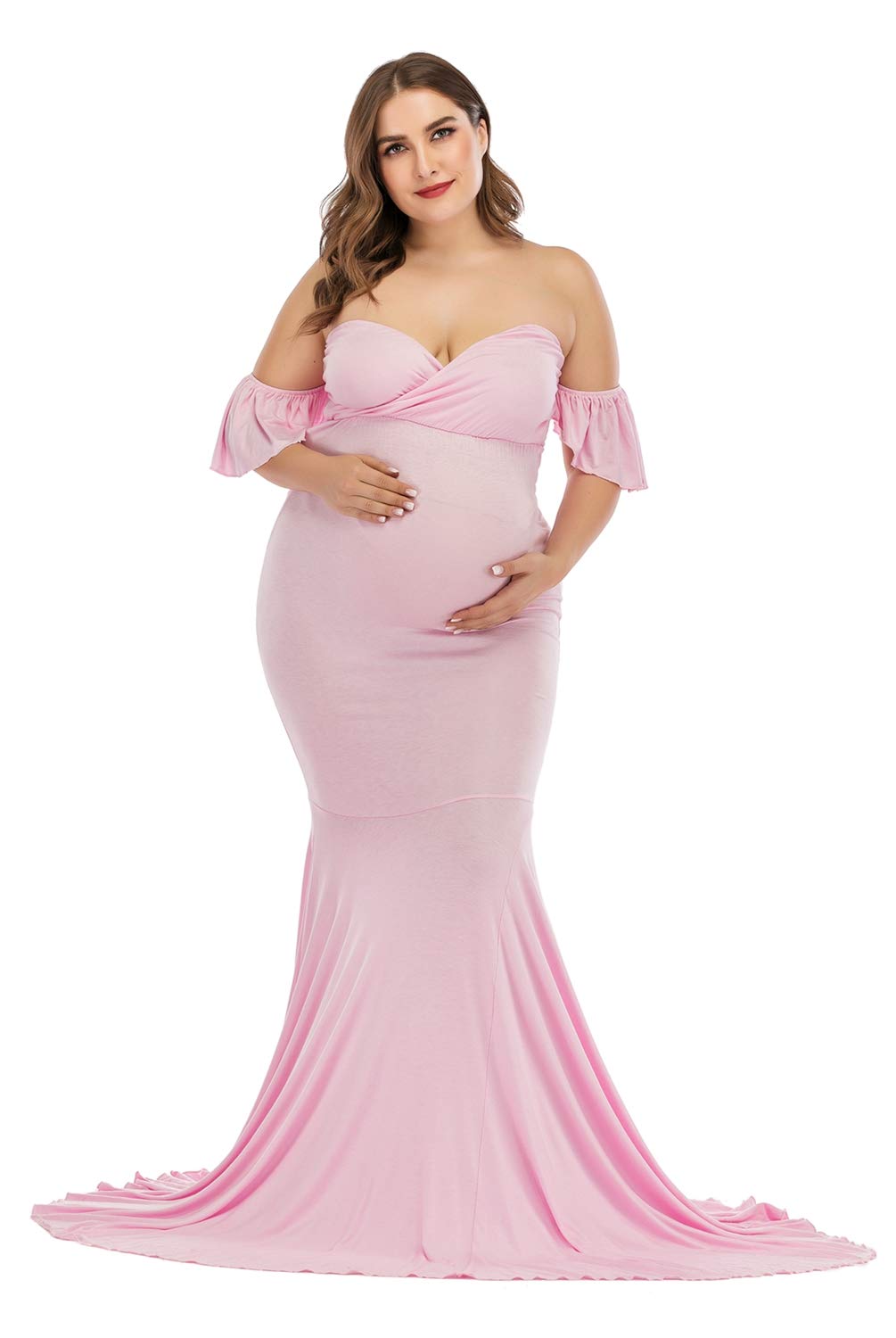 ZIUMUDY Elegant Off Shoulder Maternity Dress - Fitted Photo Shoot Gown with Wrap Mermaid Hem for Baby Shower, Pregnancy Photoshoot & Special Occasions
