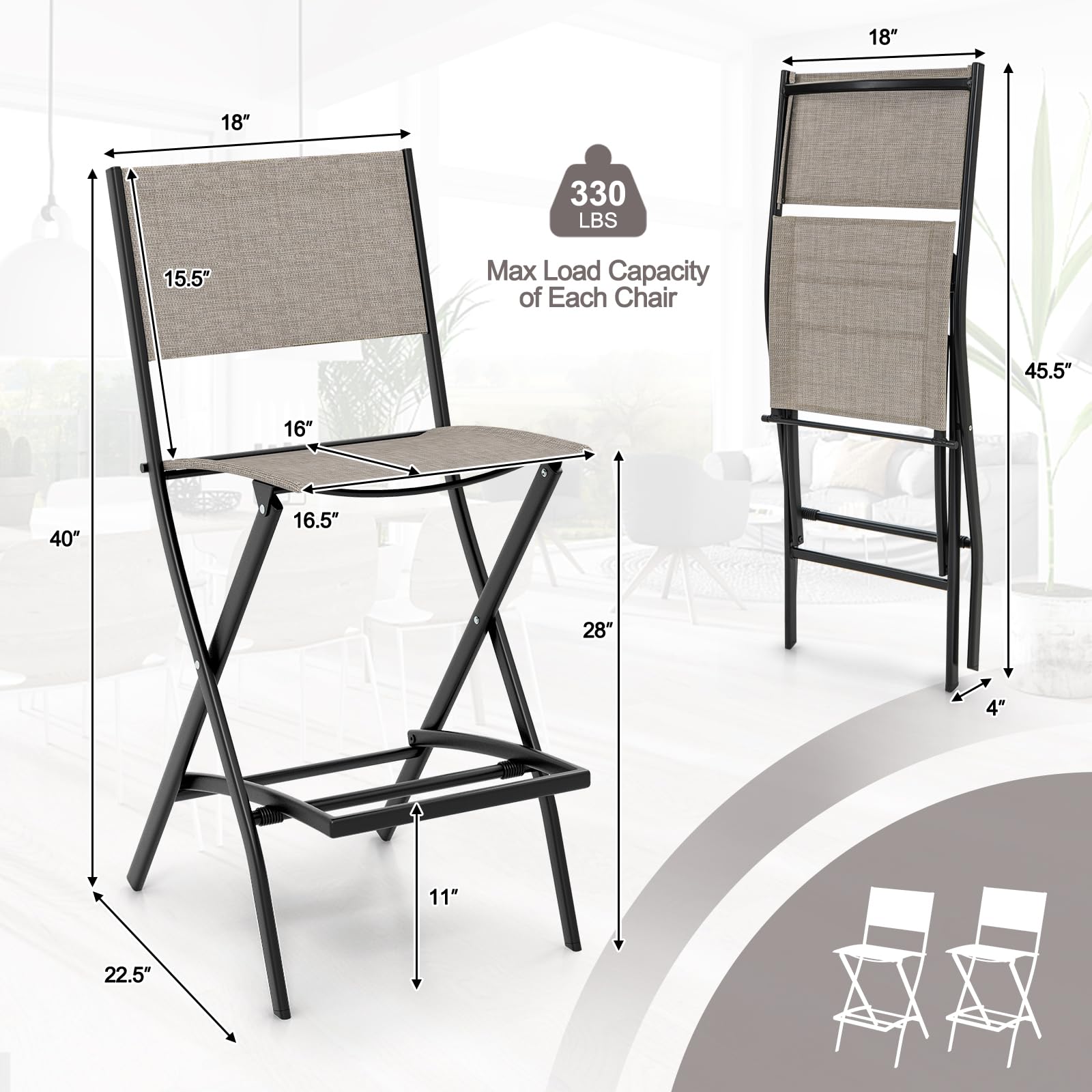 Giantex Set of 2 Folding Outdoor Bar Stools - Counter Height Patio Chairs with Footrest & Back Support, All-Weather Resistant Metal Frame for Porch, Deck, Lawn, Garden - Light Brown | Perfect for Outdoor Dining, Poolside Lounging & Backyard Entertaining