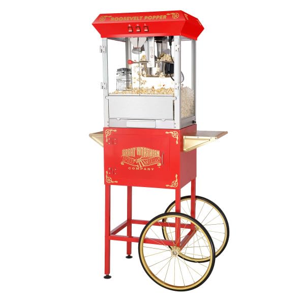 Great Northern Popcorn Machine with Cart – 8oz Commercial Popcorn Popper with Stainless Steel Kettle, Heated Warming Deck & Old Maids Drawer – Perfect for Movie Nights, Parties & Concession Stands (Red)