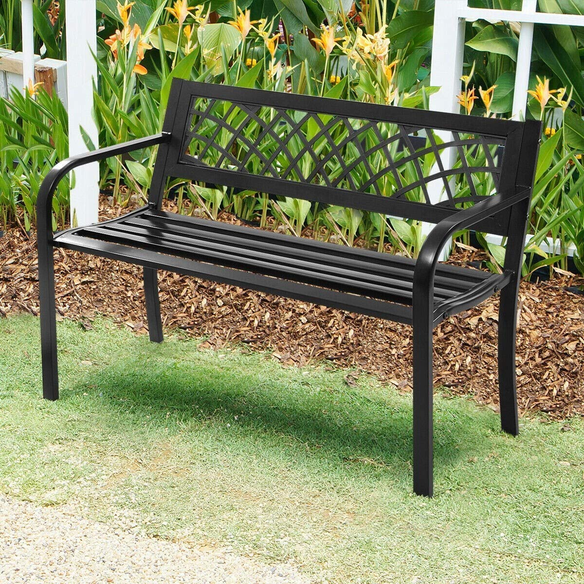 Sturdy Steel Frame Patio Garden Bench - Outdoor Deck & Front Porch Metal Bench - Wrought Iron Patio Furniture for Gardens, Decks & Outdoor Spaces