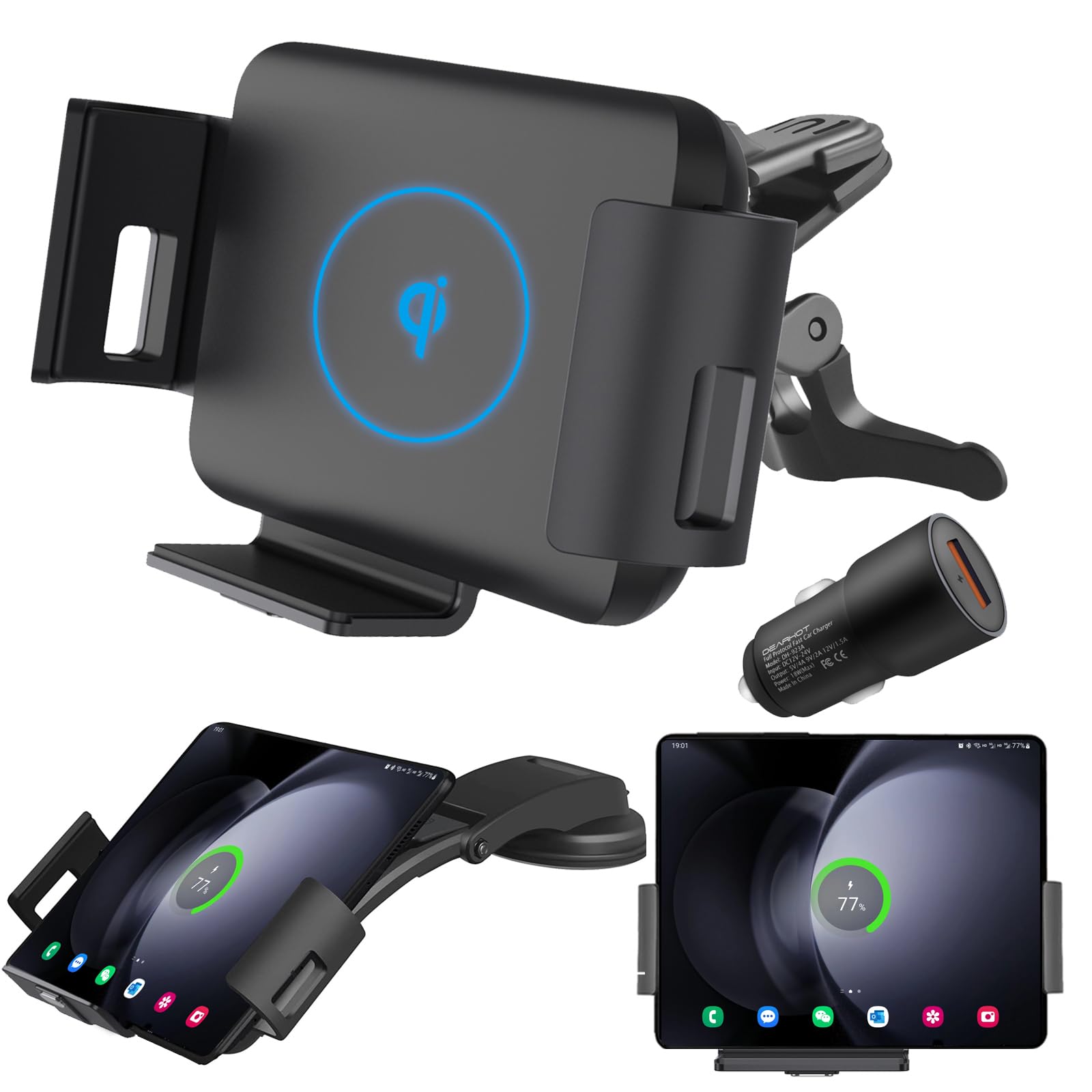 15W Qi Wireless Car Charger Mount - Compatible with Samsung Galaxy Z Fold6/Fold5/Fold4/Fold3/Fold2 & S25 Ultra, iPhone 16 Pro Max (4.3-6.9 inch Phones) - Auto Clamp Fast Charging Phone Holder for Safe Driving & Hands-Free Use