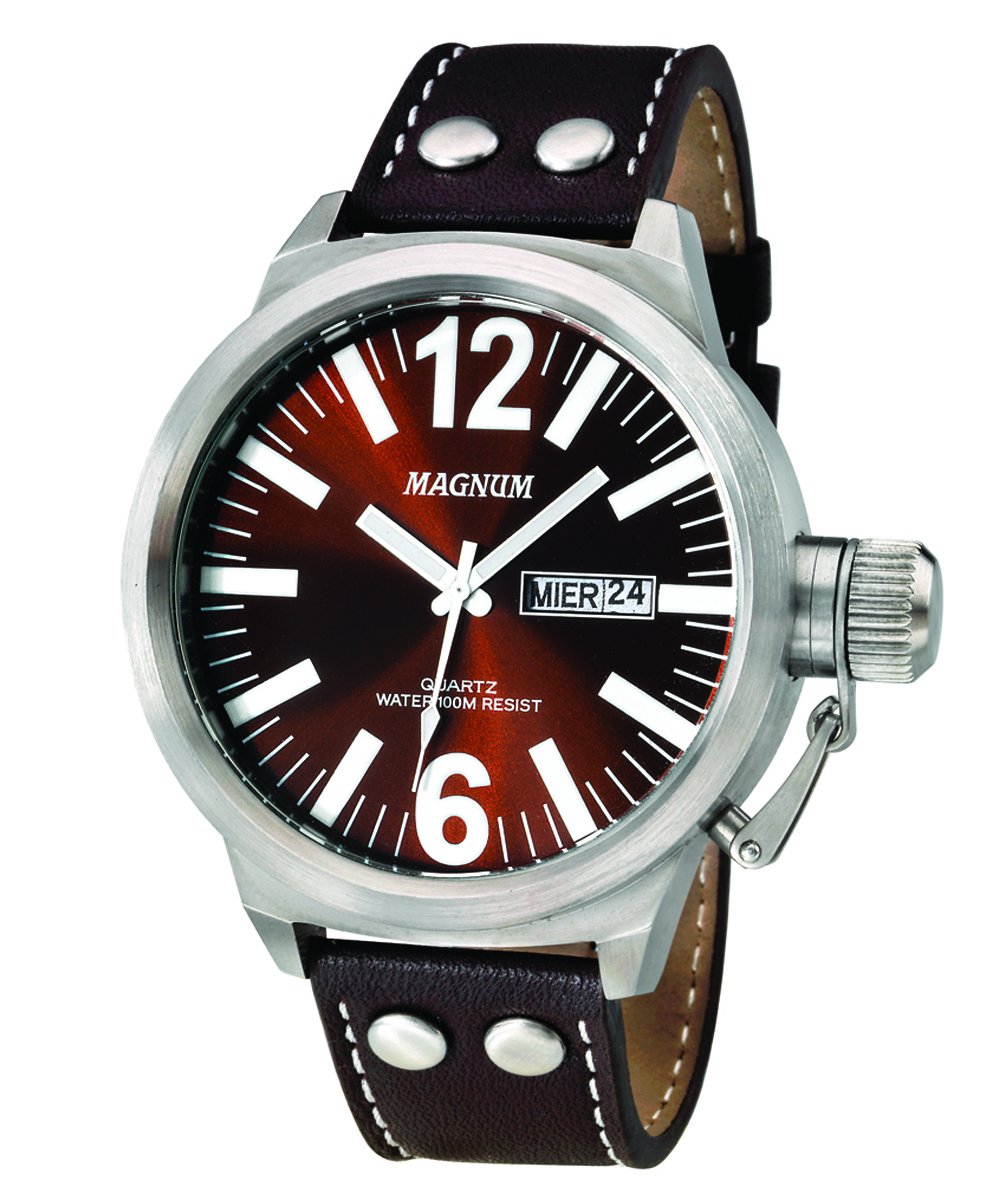 Magnum MA31524V Men's Brown Sunray Dial Stainless Steel Watch with Black Leather Strap - Classic Analog Timepiece for Business, Casual & Formal Occasions