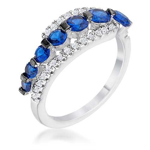 1.06Ct Rhodium & Hematite Plated Graduated Blue & Clear Cubic Zirconia Half Eternity Ring - Elegant Wedding Band, Anniversary Gift for Her, Perfect for Special Occasions
