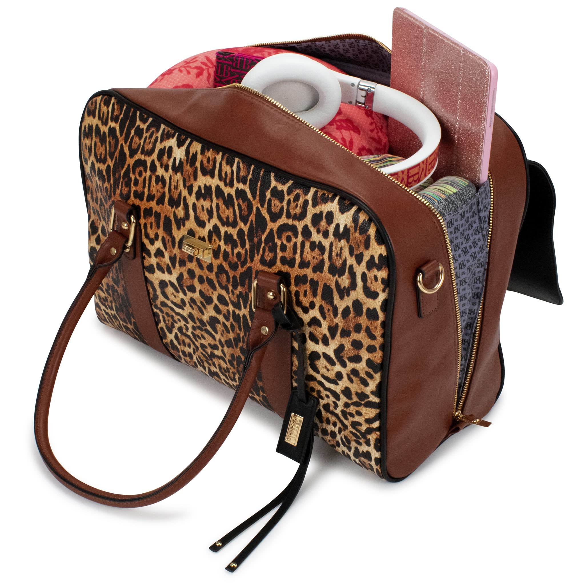 Badgley Mischka Leopard Print Weekender Tote Bag - Stylish Carry-On Travel Bag for Women, Spacious Animal Print Overnight Bag (Perfect for Weekend Getaways, Business Trips & Airplane Travel)