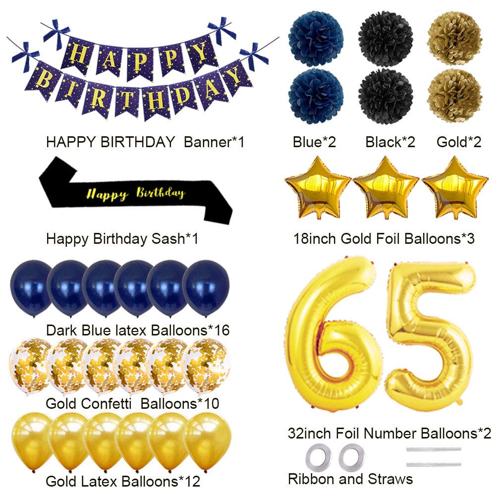 65th Birthday Party Decorations Set - Gold 'Happy 65th Birthday' Banner, Number Balloons, Sash & Confetti Balloons for 65 Year Old Celebration - Perfect for Milestone Birthday Parties, Retirement Celebrations & Anniversary Events (Dark Blue)