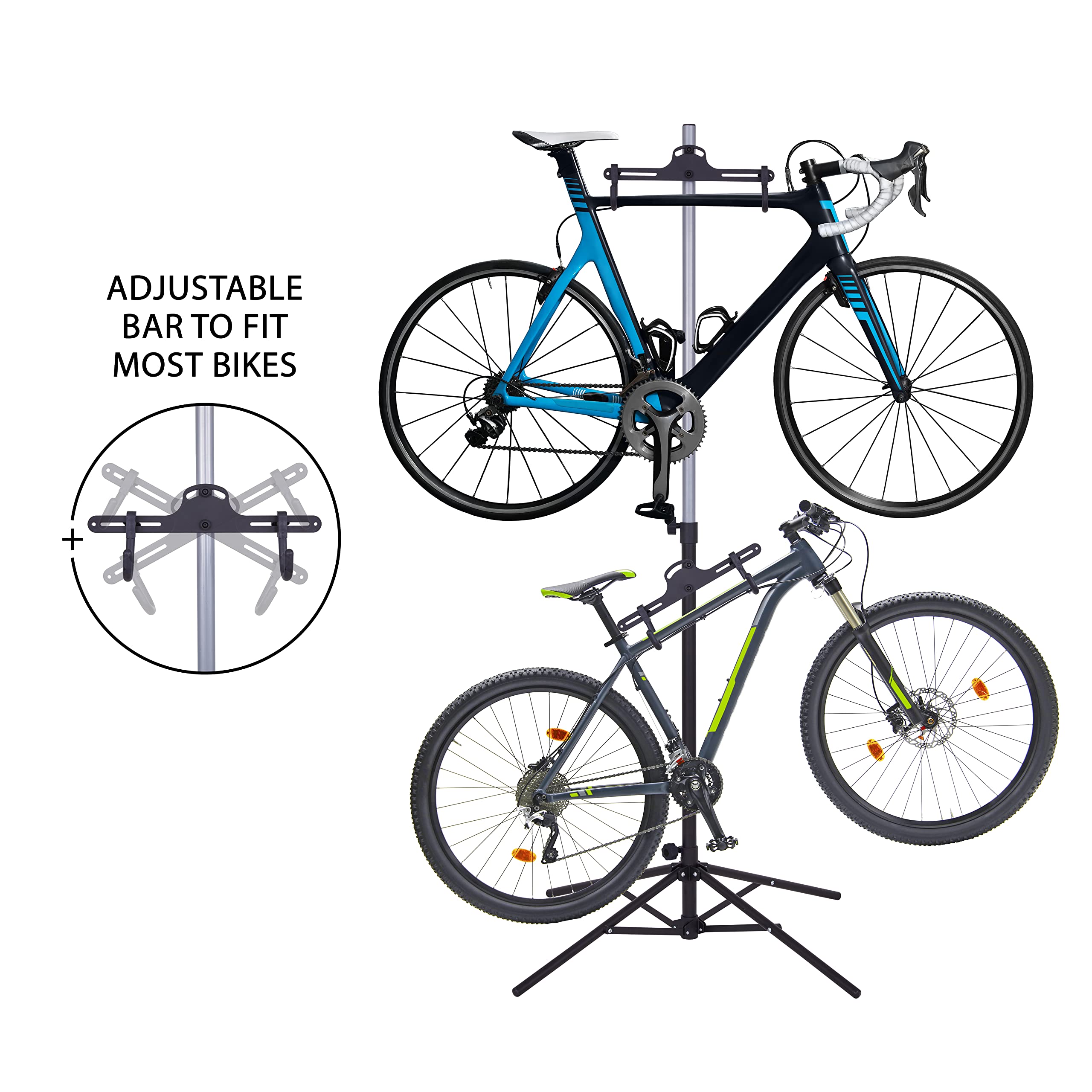 RaxGo Foldable Freestanding Bike Storage Rack for 2 Bikes - Adjustable Hook Floor Stand for Mountain & Road Bicycles - Space Saving Garage & Indoor Bike Organizer - Perfect for Home, Apartment & Small Spaces
