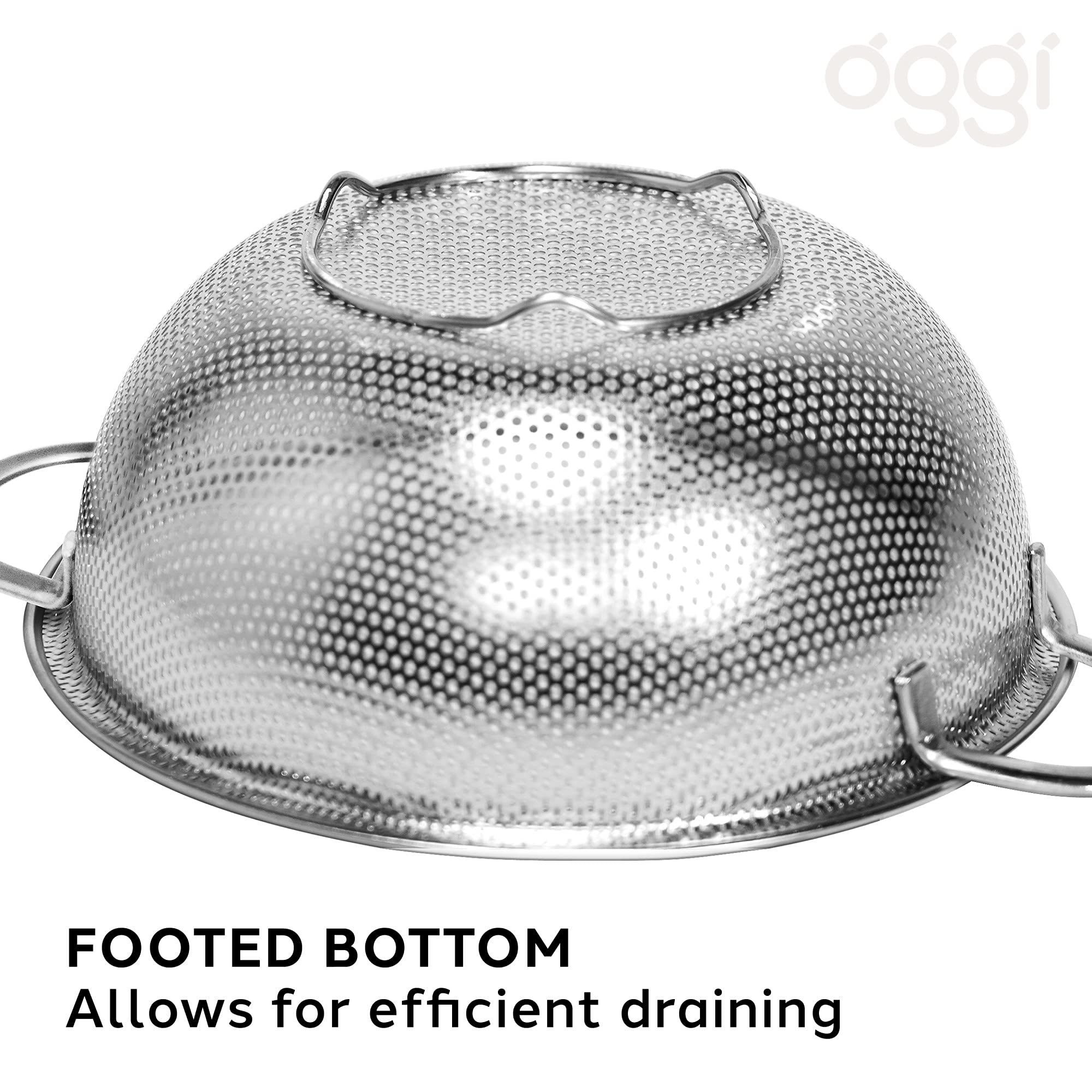 OGGI 2-Quart Stainless Steel Colander with Precision Perforations - Fast Draining, Large Capacity & Rust Resistant - Perfect for Pasta, Rice, Beans, Fruits, Vegetables & Salads - Ideal for Kitchen, Cooking, Meal Prep & Healthy Eating