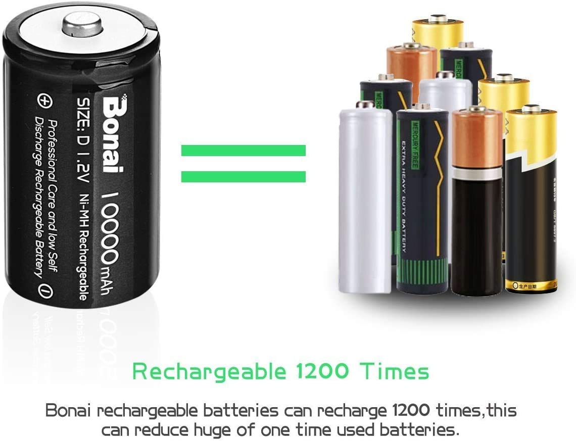 BONAI Rechargeable C Batteries 5000mAh 4-Pack with LCD Smart Charger - Compatible with C/D/AA/AAA/9V Ni-MH Ni-CD Batteries - High Capacity 1.2V Ni-MH Batteries for Flashlights, Toys, Remote Controls & Electronic Devices