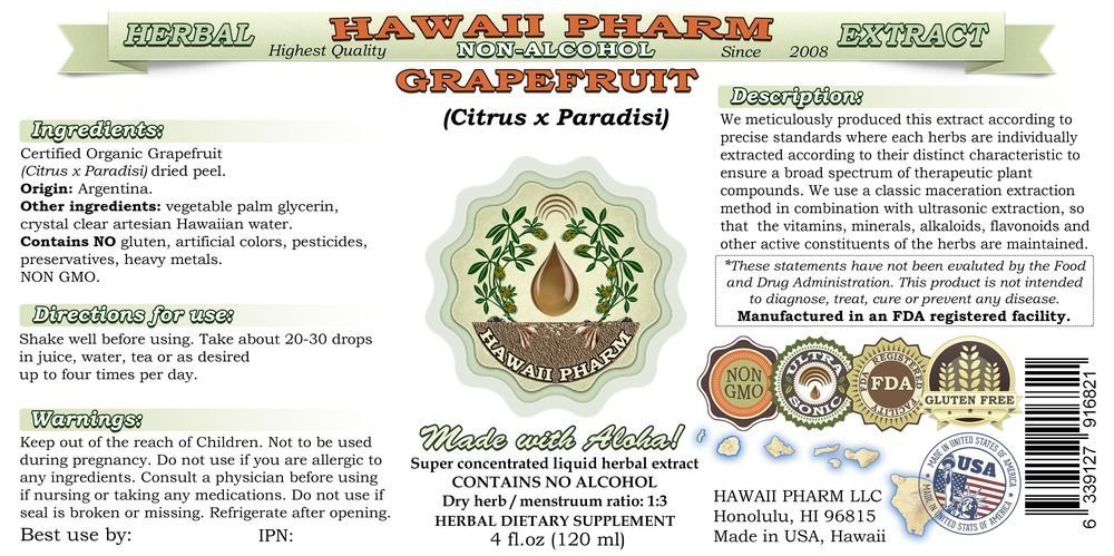 Organic Grapefruit (Citrus x paradisi) Alcohol-Free Liquid Extract - Dried Peel Glycerite Herbal Supplement by Hawaii Pharm, 32 oz Unfiltered - Natural Mood Booster & Digestive Aid for Wellness Routines