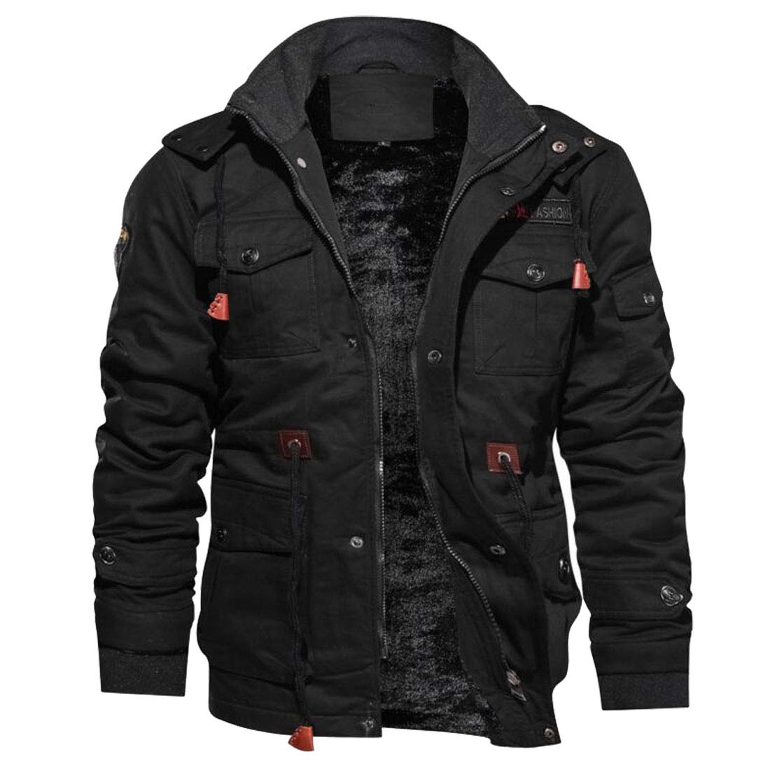 HZCX FASHION Men's Washed Cotton Fleece Lined Thick Winter Hooded Bomber Jacket - Warm Casual Outerwear for Cold Weather, Streetwear, and Outdoor Activities