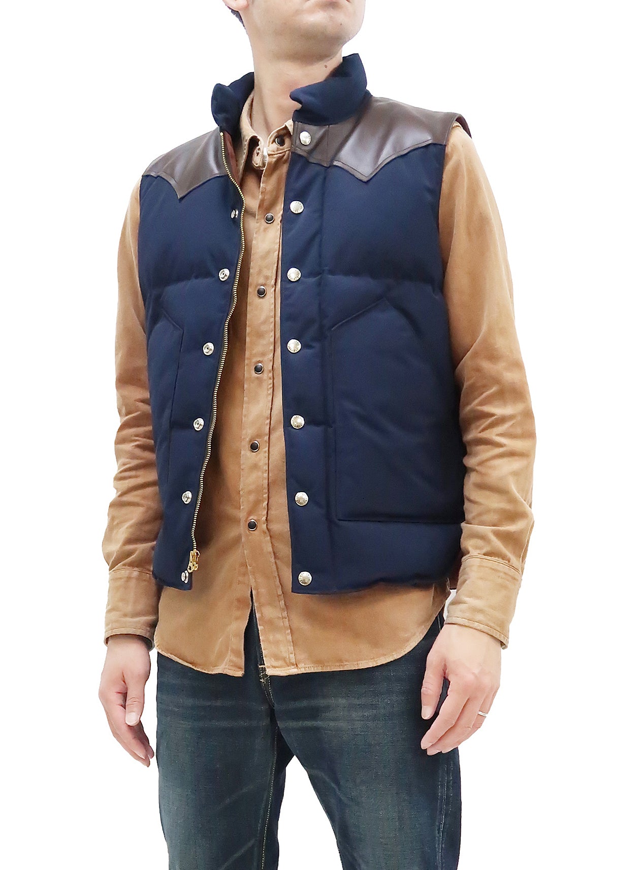 Men's Sugar Cane Down Vest with Leather Yoke Panel - Winter Warm Puffer Vest SC15222 in Navy Blue/Brown - Perfect for Outdoor Activities & Casual Wear