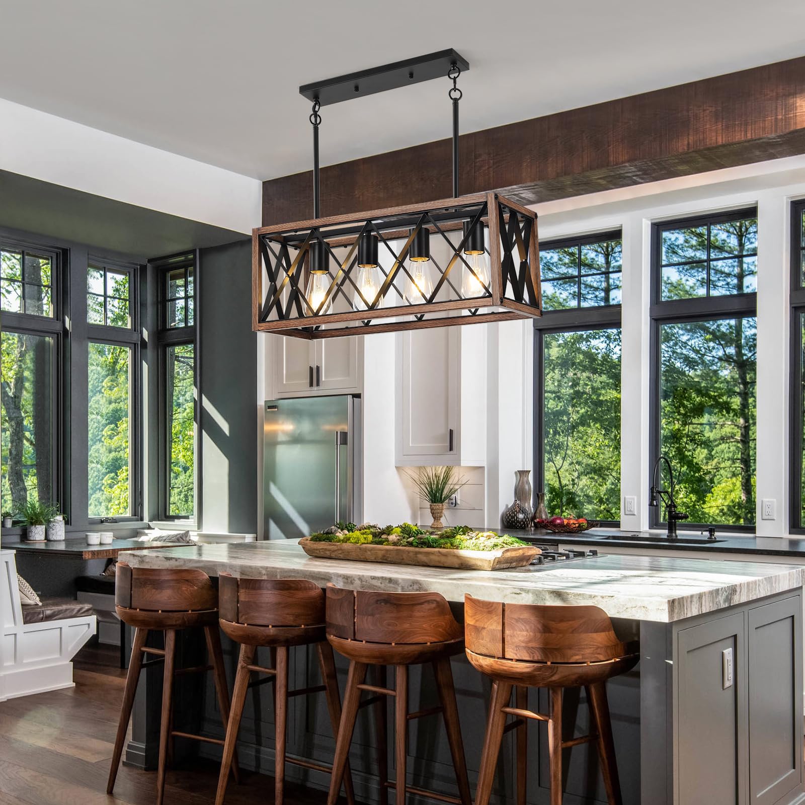 SEEBLEN Farmhouse Pendant Light Fixture - 39 Inch Adjustable Height, 4-Light Wood Grain Finish Chandelier for Dining Room, Kitchen Island & Bar | Rustic Lighting for Farmhouse Decor, Breakfast Nook & Kitchen Sink Area