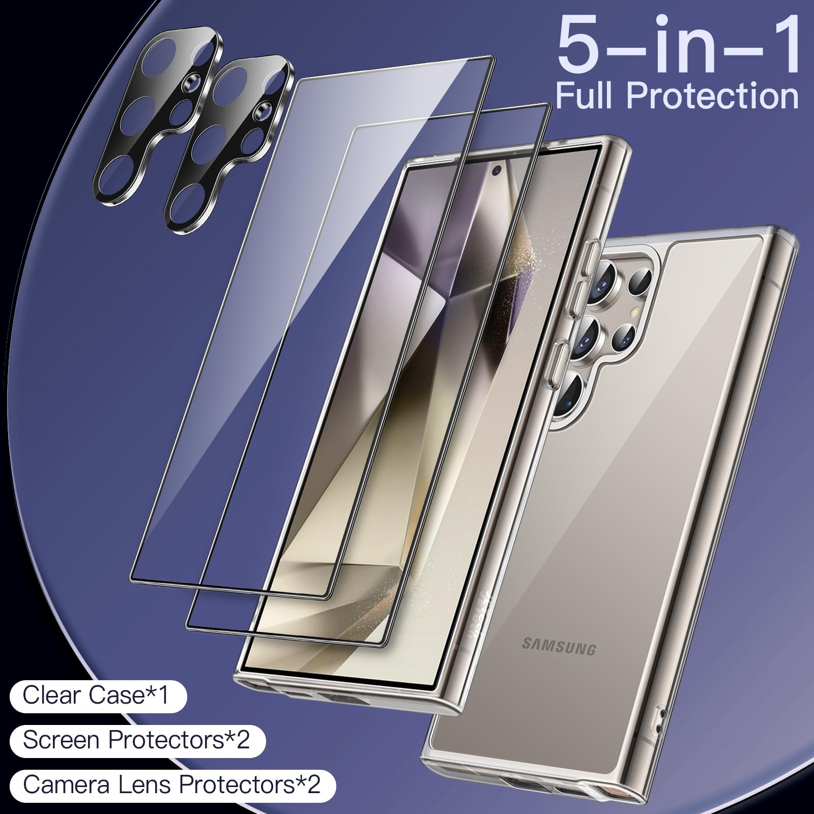 JETech 5-in-1 Protective Case for Samsung Galaxy S24 Ultra 5G - Includes 2 Tempered Glass Screen Protectors & Camera Lens Protector | Shockproof, Non-Yellowing, Clear Bumper Phone Cover | Perfect for Outdoor Activities, Travel & Daily Protection