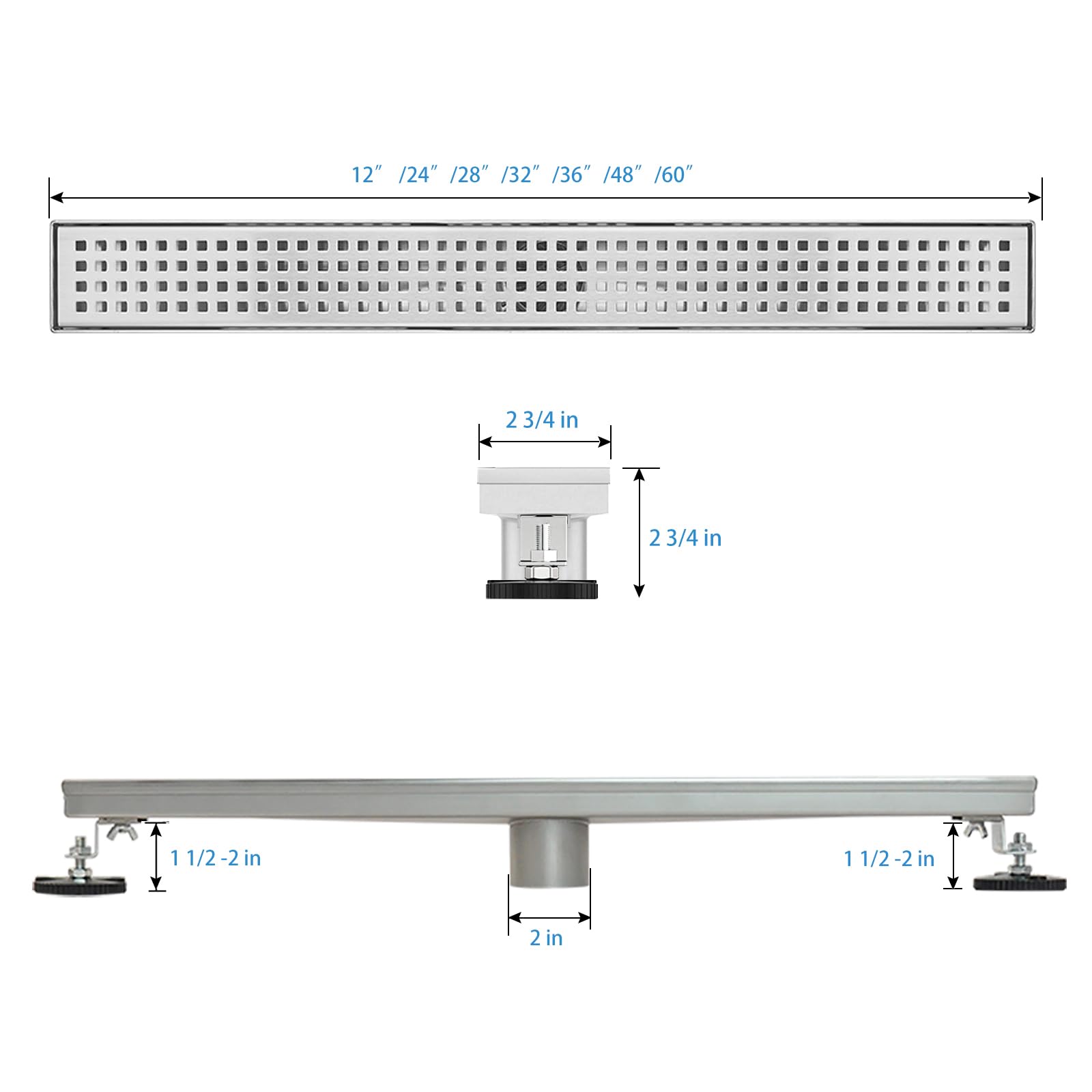 SaniteModar 60-Inch Linear Shower Drain - AISI 304 Brushed Stainless Steel with Removable Square Hole Panel, Adjustable Feet & Hair Catcher - Perfect for Modern Bathroom Renovations and Walk-In Showers