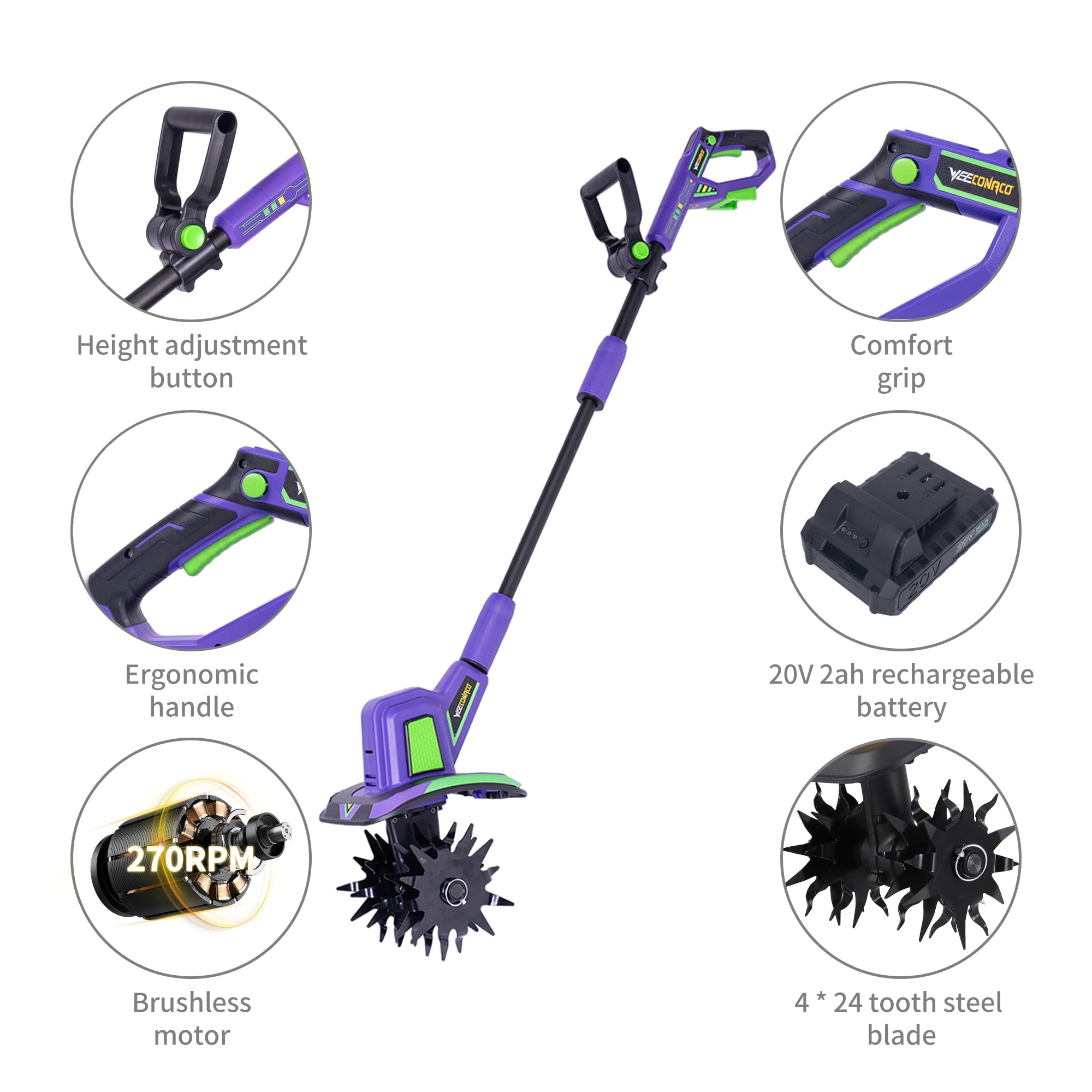 20V Cordless Garden Tiller Cultivator with 48 Steel Tines | 8.6
