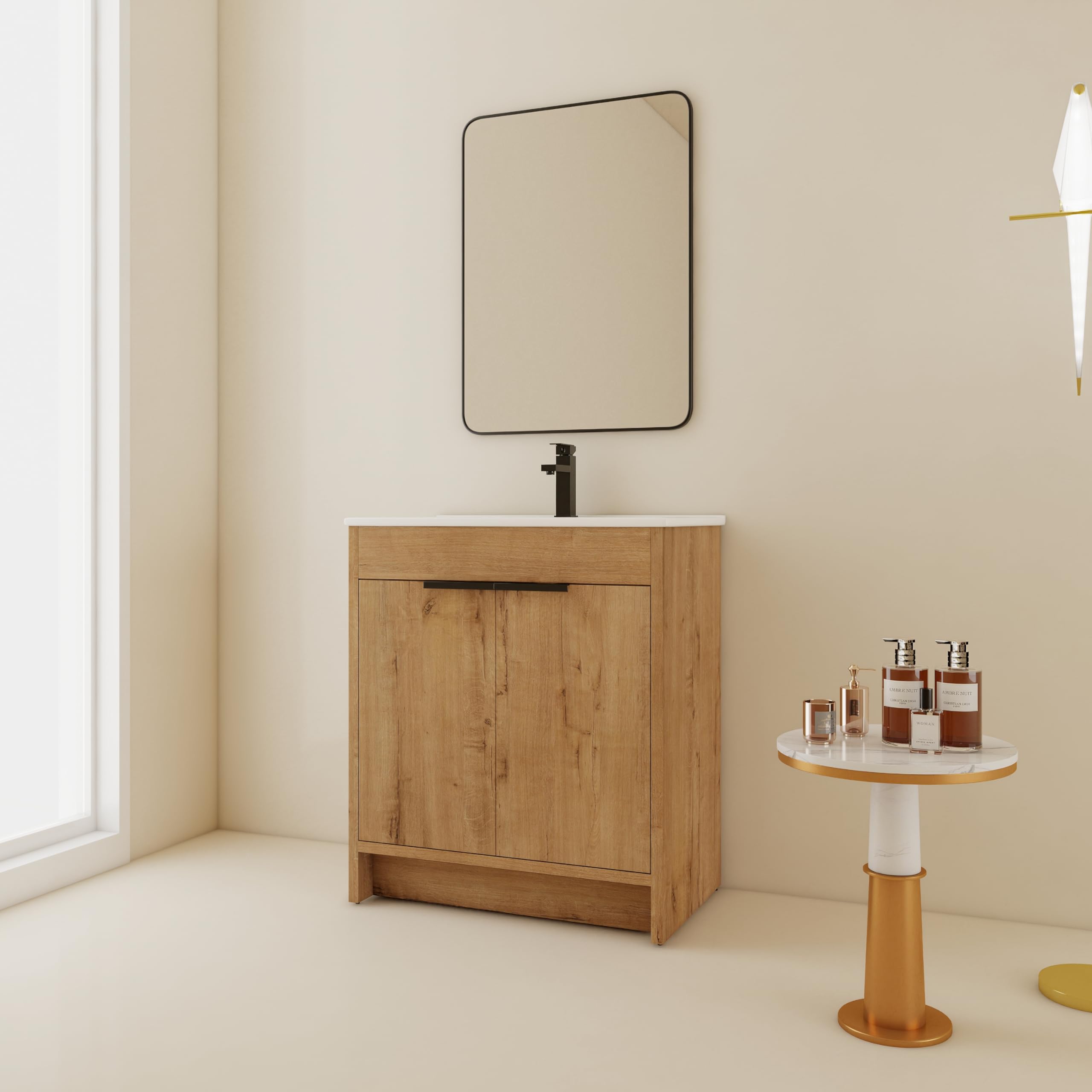 30 Inch Freestanding Bathroom Vanity with Ceramic Sink - Soft Close Doors & Adjustable Shelf (24-IMO, 30x18) - Modern Bathroom Storage Cabinet for Small Spaces, Powder Rooms & Guest Baths