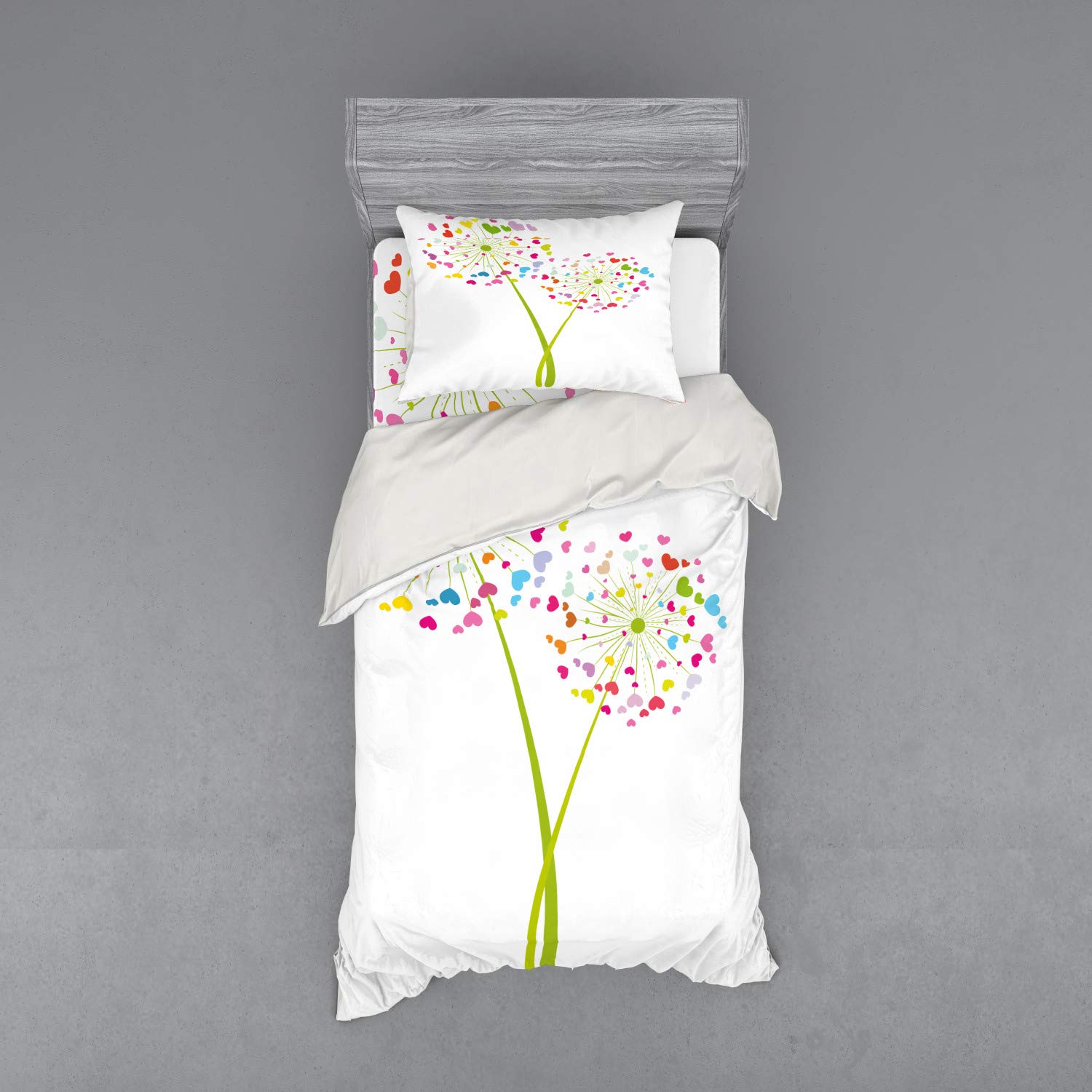 Ambesonne Floral Duvet Cover Set - Spring Dandelion Flower Heart-Shaped Petals Romantic Valentine's Design | 3-Piece Bedding Set with Sham & Fitted Sheet | Twin XL Size | Multicolor | Perfect for Master Bedroom, Guest Room & Valentine's Day Gift