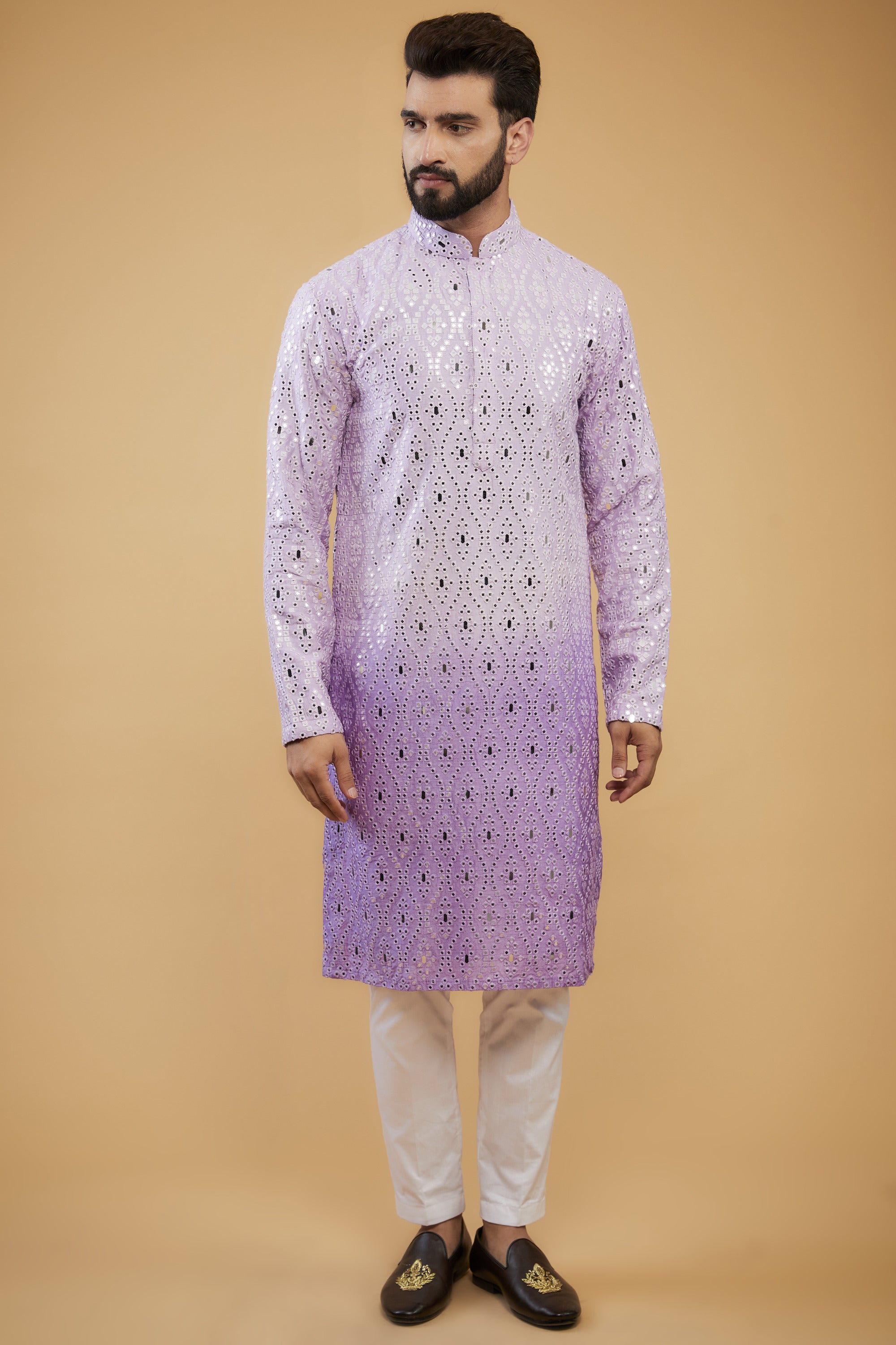 Lavender Ombre Mirror Work Kurta with Intricate Thread Embroidery - Perfect for Festive Occasions, Weddings & Ethnic Fashion