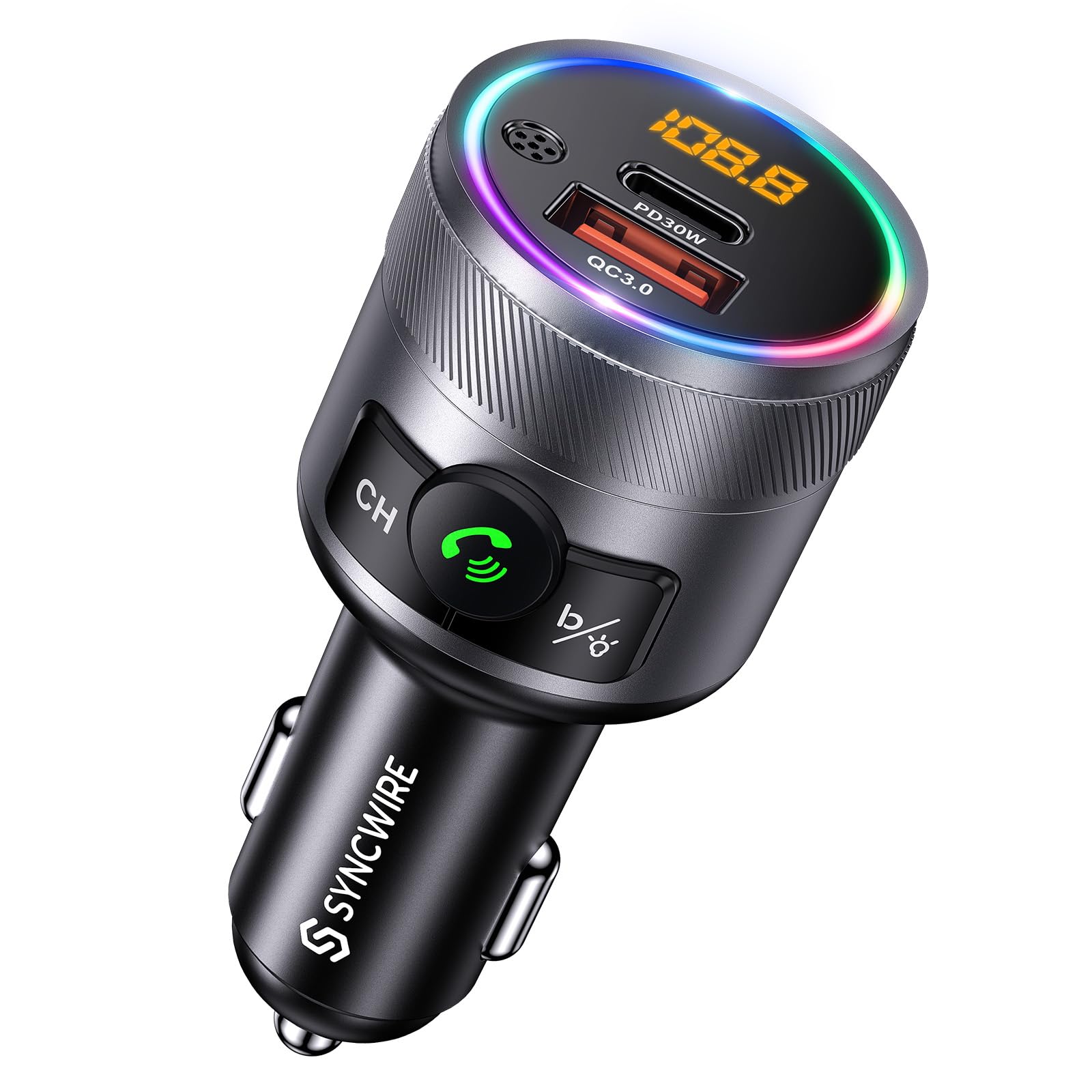 Syncwire Bluetooth 5.3 FM Transmitter for Car - 38W PD&QC3.0 Fast Charging, Hands-Free Calling, Bass Boost MP3 Player with Microphone - Perfect for Road Trips & Commuting