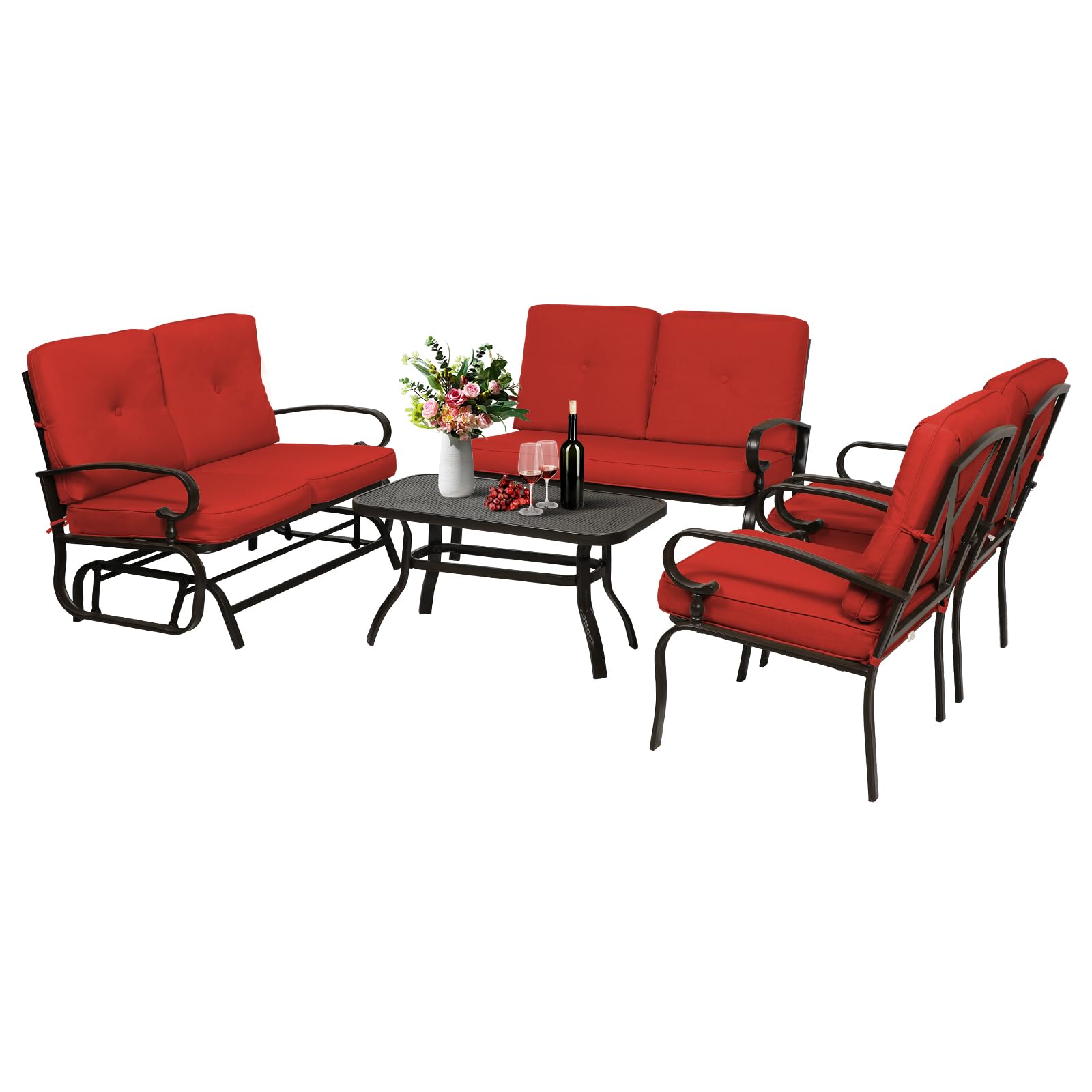 Oakcloud 5-Piece Outdoor Metal Patio Furniture Set - Wrought Iron Glider with 2 Chairs, Loveseat & Coffee Table - Durable Red Conversation Set for Garden, Backyard & Poolside Relaxation