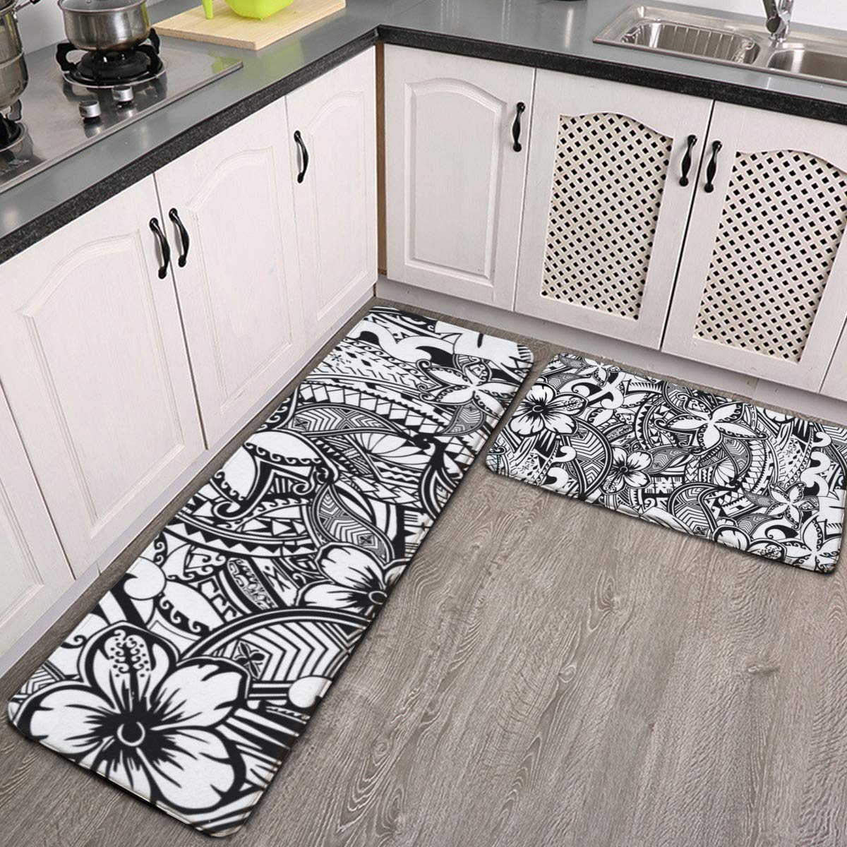 Hawaiian Polynesian Tribal Floral Print Kitchen Rug Set - 2 Piece Non-Slip Washable Indoor Mats for Kitchen, Dining Room & Entryway