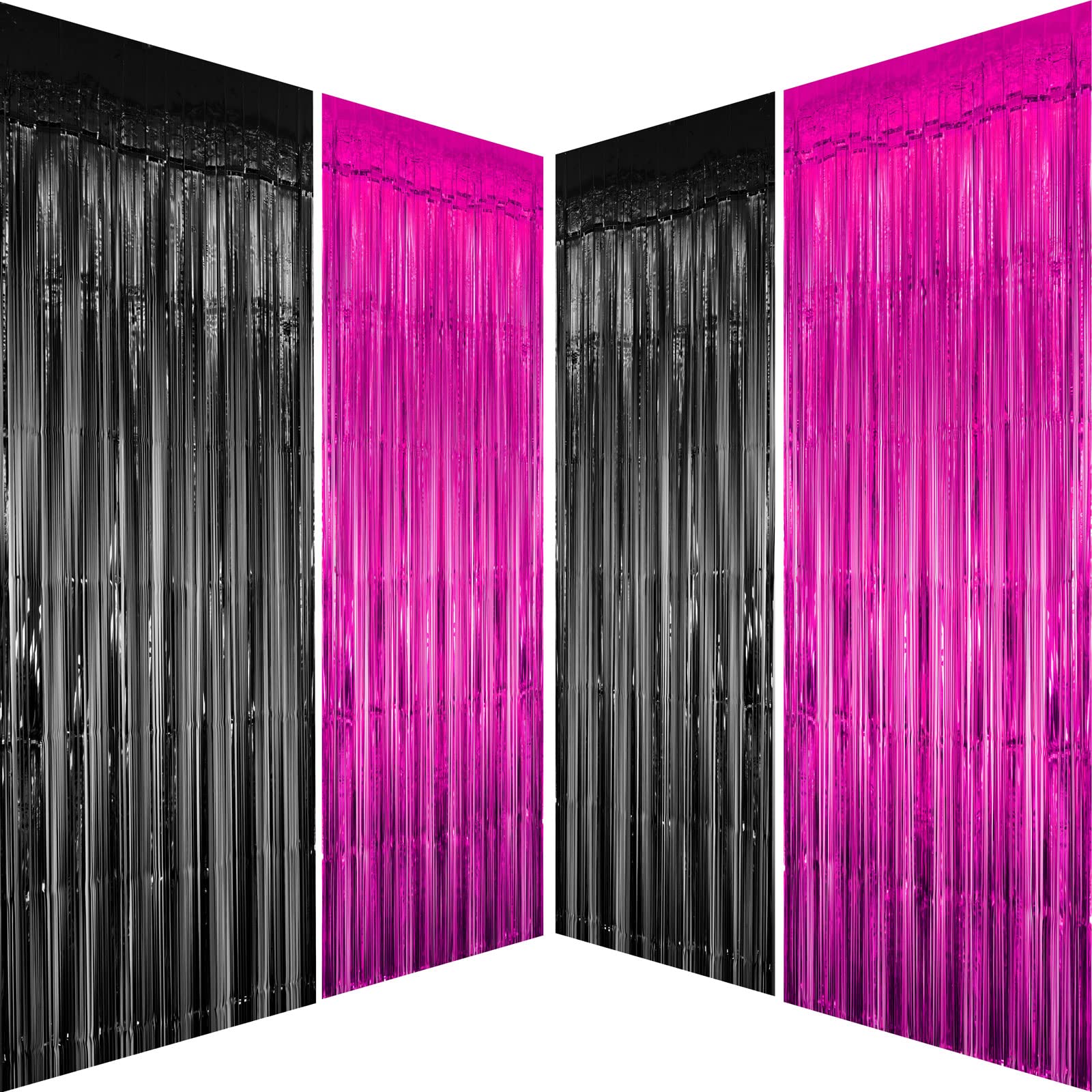Hot Pink & Black Metallic Tinsel Foil Fringe Curtains - 4 Pack for Birthday, Graduation, Wedding, Bachelorette Party Decorations | Perfect for Photo Booth Backdrops, Bridal Showers, New Year's Eve & Carnival Celebrations