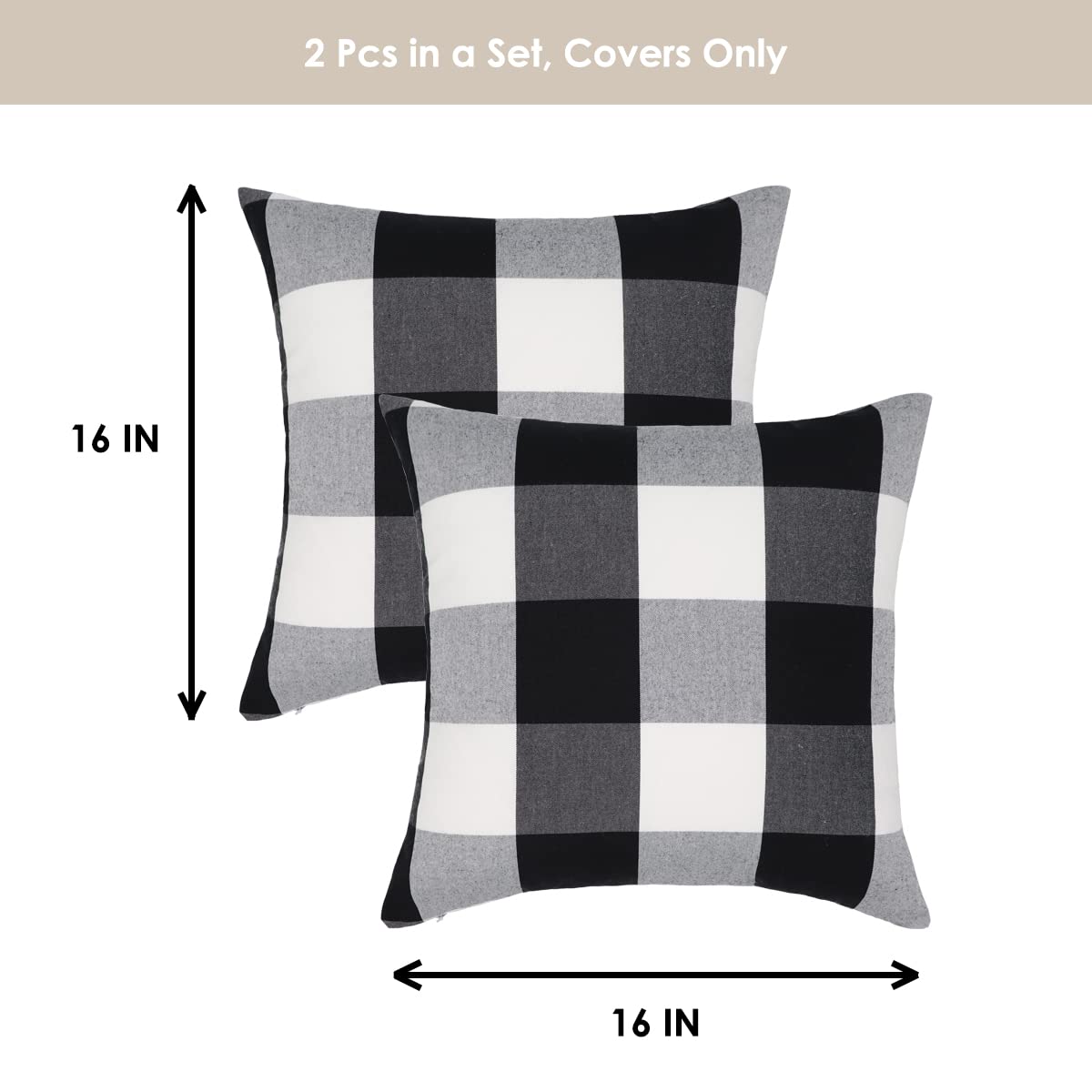Buffalo Check Plaid Pillow Covers 16x16 Inch - Farmhouse Style Decorative Throw Pillow Covers for Couch, Sofa & Bed - Black and White Christmas Home Decor (Pack of 2) - Perfect for Living Room, Porch & Seasonal Holiday Decorations