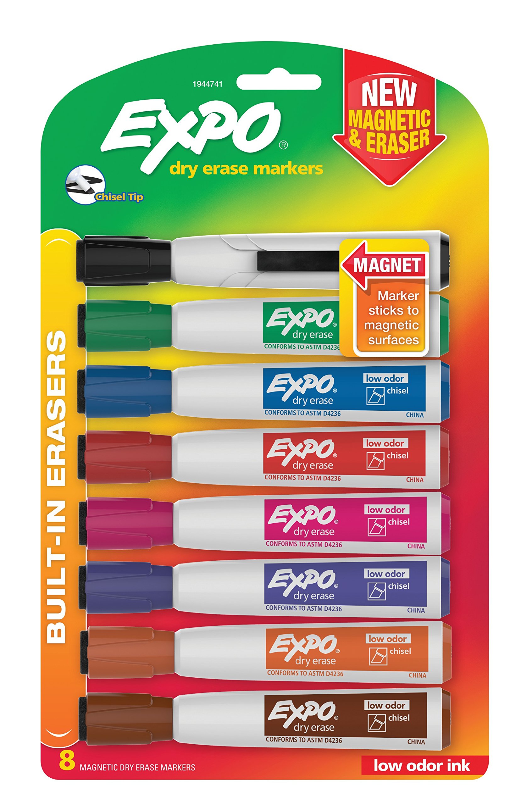 EXPO Magnetic Dry Erase Markers with Eraser - Chisel Tip Whiteboard Markers, 8-Pack Assorted Colors for Office, Classroom & Home Use - Perfect for Whiteboards, Glass Boards & Fridge Notes