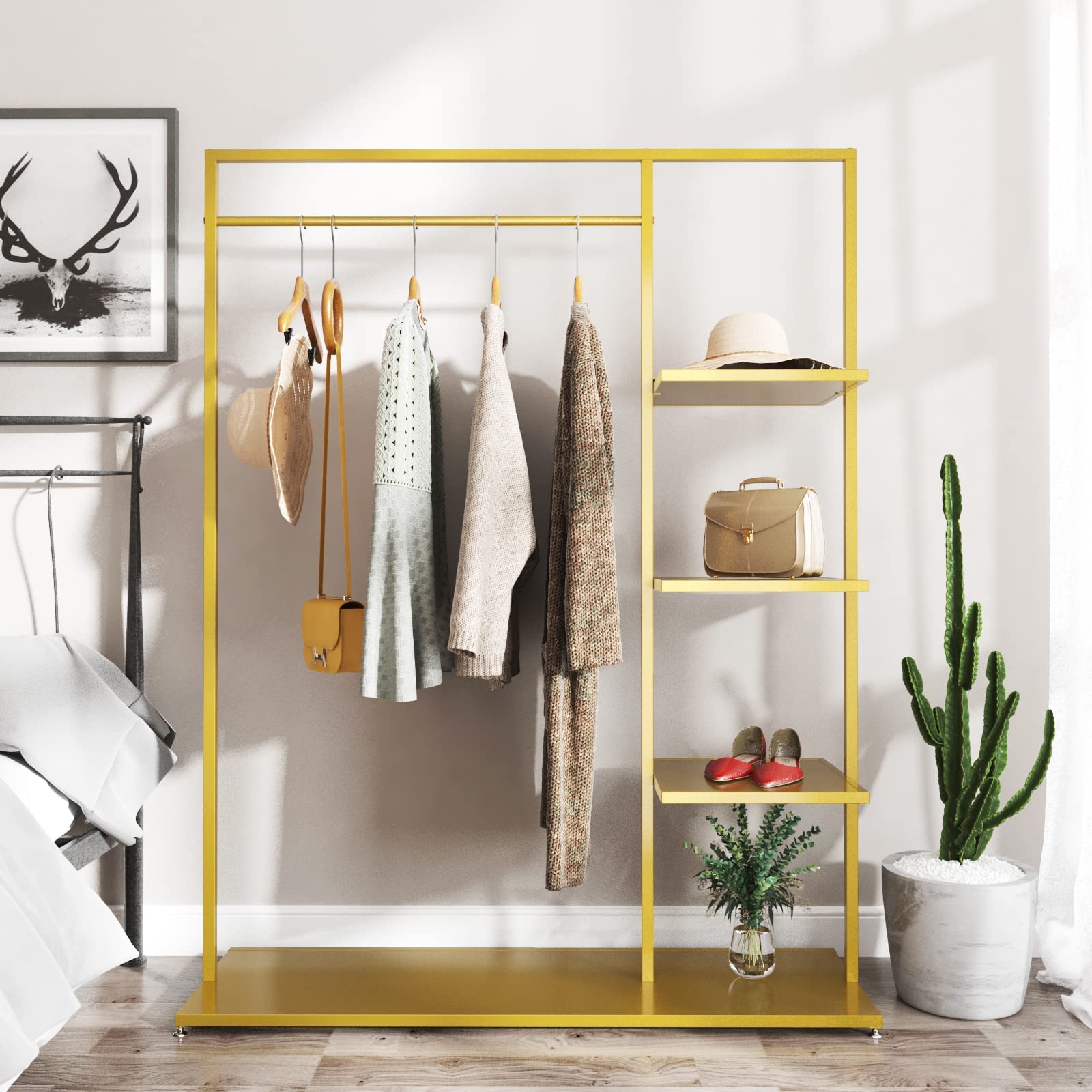 Stylish Gold Clothing Rack with Shelf - Heavy Duty Garment Rack for Boutique & Home Use - Multi-Purpose Hanging Organizer for Clothes, Accessories & Retail Display (Gold) - Perfect for Bedroom, Closet, Store & Fashion Showroom