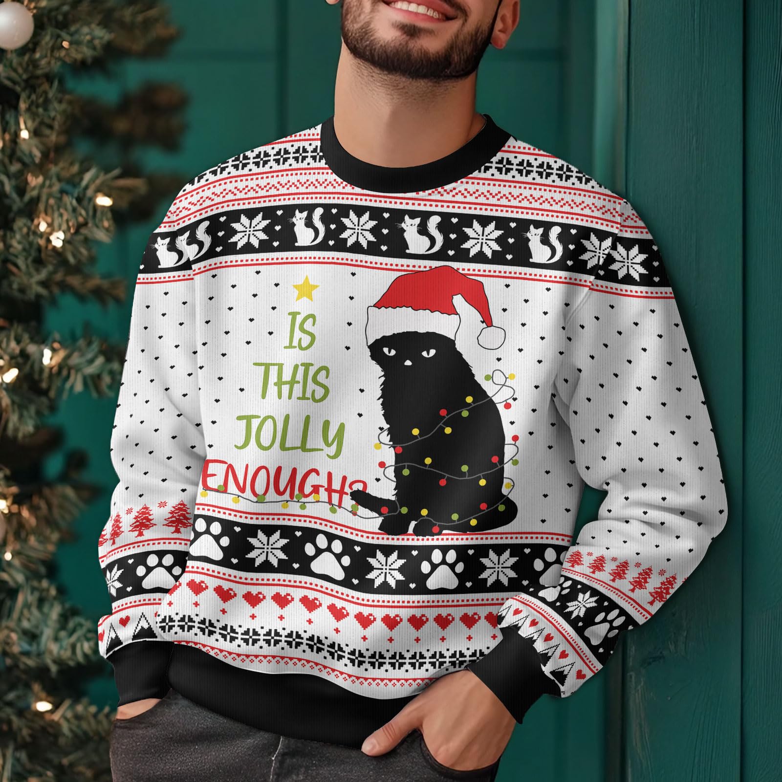 34HD Women's Cat Print Ugly Christmas Sweater - Long Sleeve Crewneck Cat Lover Gift for Holiday Parties & Festive Gatherings