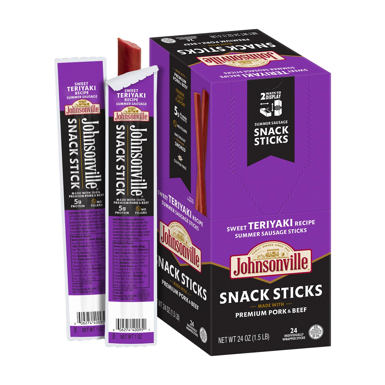 Johnsonville Summer Sausage Snacks - Gluten Free, Dairy Free Protein Sticks, Sweet Teriyaki Flavor (24-Pack) - Perfect for Hiking & Road Trips