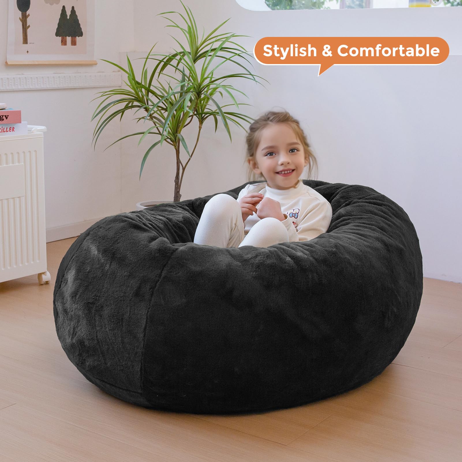 MAXYOYO 3-in-1 Kids Bean Bag Chair Bed - Convertible Faux Fur Floor Sofa for Children's Room, Gaming & Reading Nook - Soft Round Lounge Chair (Black) | Perfect for Playrooms, Bedrooms & Dorm Relaxation