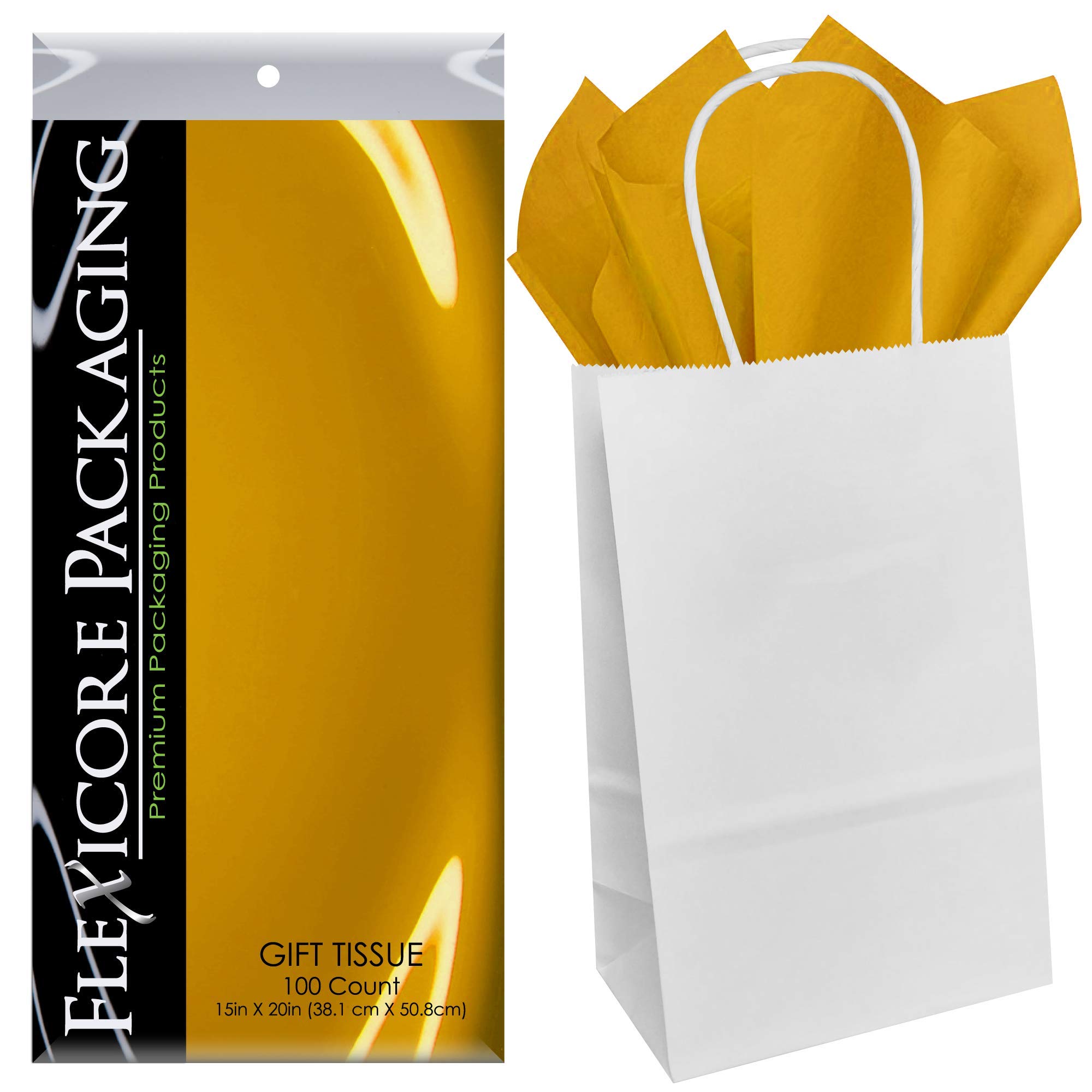 Premium White Kraft Paper Gift Bags with Antique Gold Tissue Wrap - 5.25