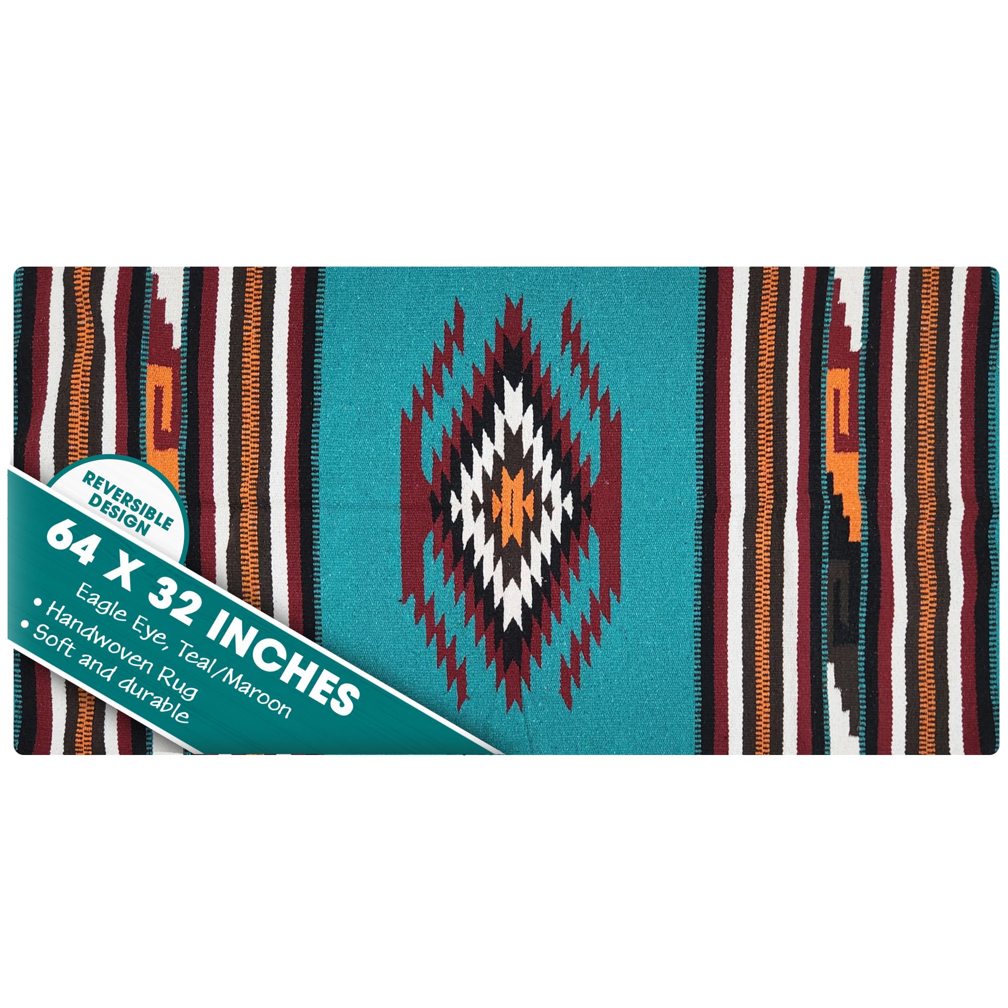 Southwestern Boho Washable Area Rug - Indoor/Outdoor Farmhouse Decor Rug - Western Style for Living Room, Dining, Bedroom - Eagle Eye Design in Teal/Maroon - 32x64 Inches - Perfect for Southwest Home Decor, Patio & Boho Chic Spaces