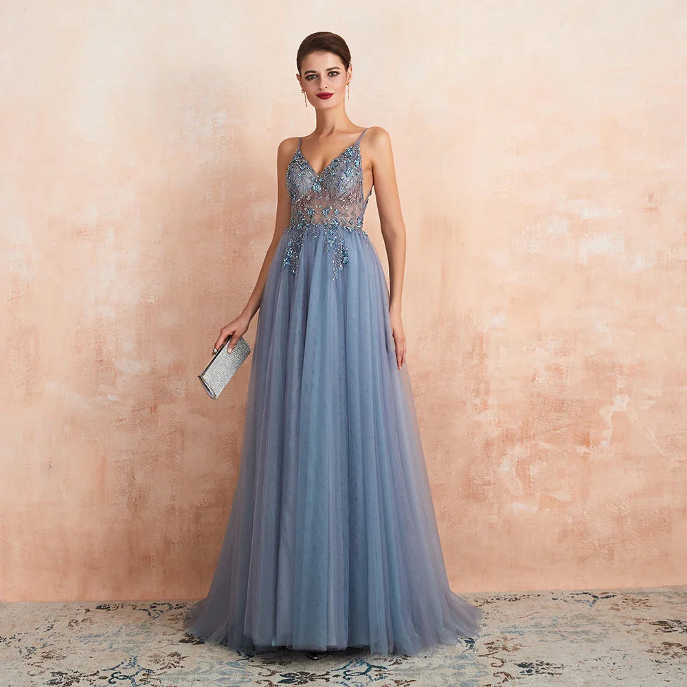 Elegant Sexy V-Neck Backless Evening Dress with Slit & Crystal Beads - Spaghetti Straps Formal Prom Gown for Women - Perfect for Cocktail Parties, Weddings & Special Occasions