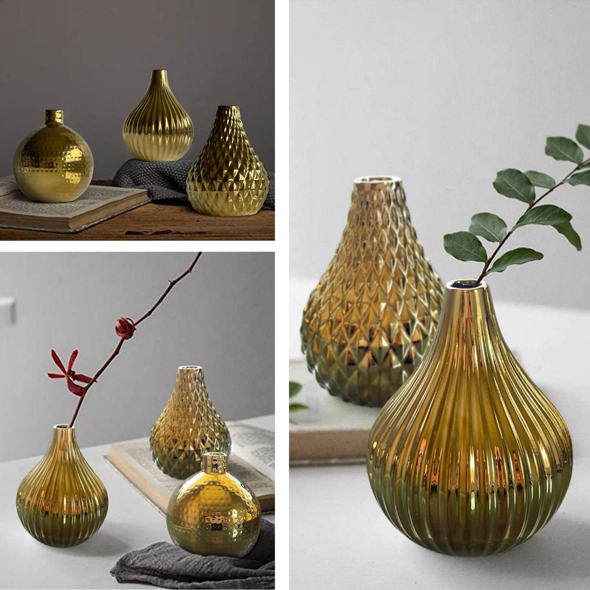 Zensational Ceramic Gold Vase Set of 3 - Diamond, Spot, Stripe Design - Small Decorative Flower Vases - Textured Round Mini Vases - Elegant Gold Centerpiece - Wedding Bud Vases - Perfect for Home Decor, Table Centerpieces & Special Events