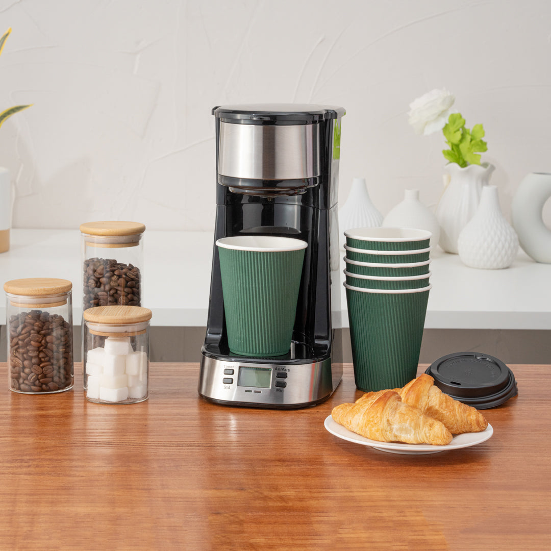 12 oz Eco-Friendly Dark Green Ripple Wall Coffee Cups with Black Lids - 3.5