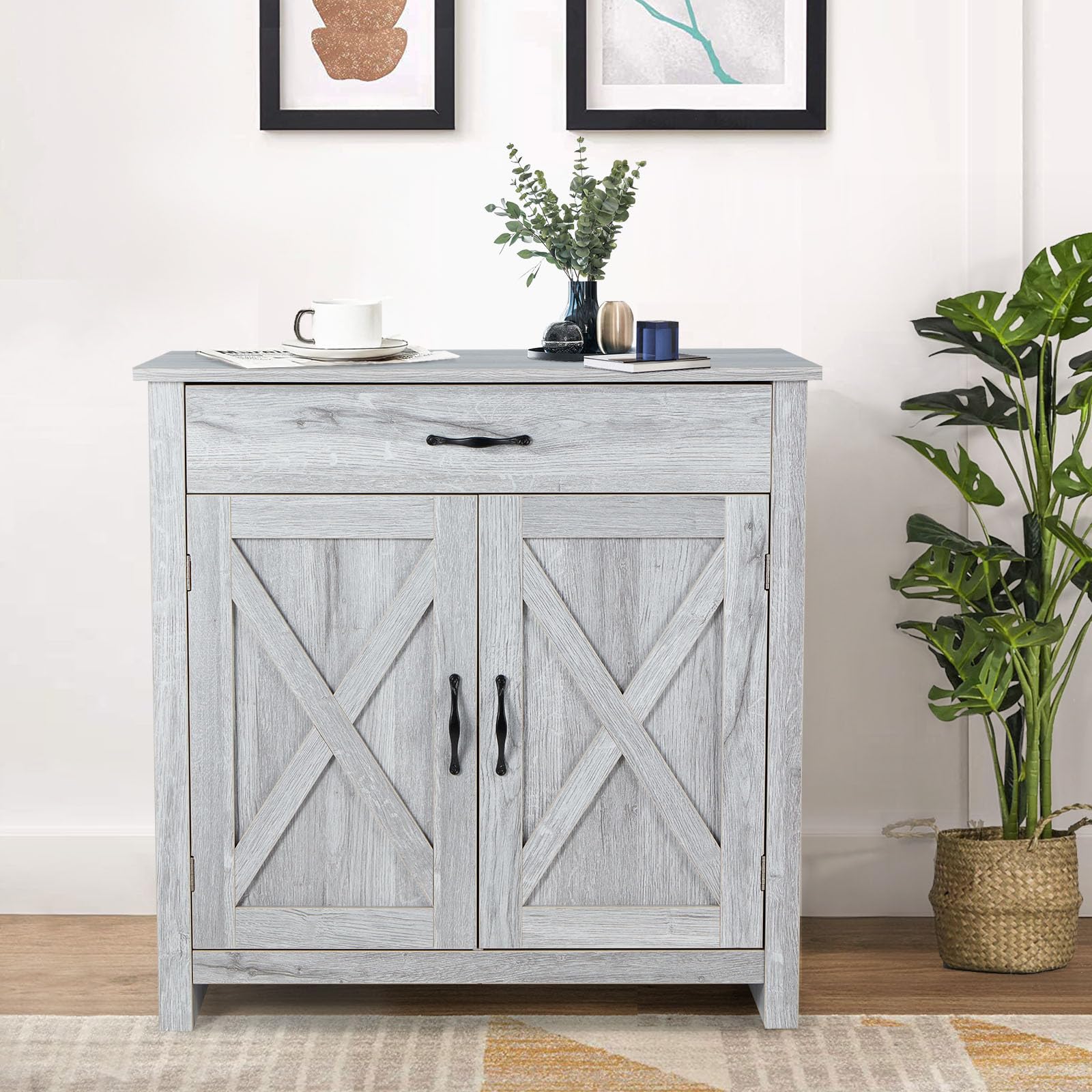 Modern Farmhouse Kitchen Sideboard Buffet Cabinet with Drawer & Adjustable Shelf - Grey Storage Cabinet for Coffee Bar, Dining Room, Entryway & Bathroom Organization | Perfect for Home Decor, Kitchen Storage & Small Space Solutions