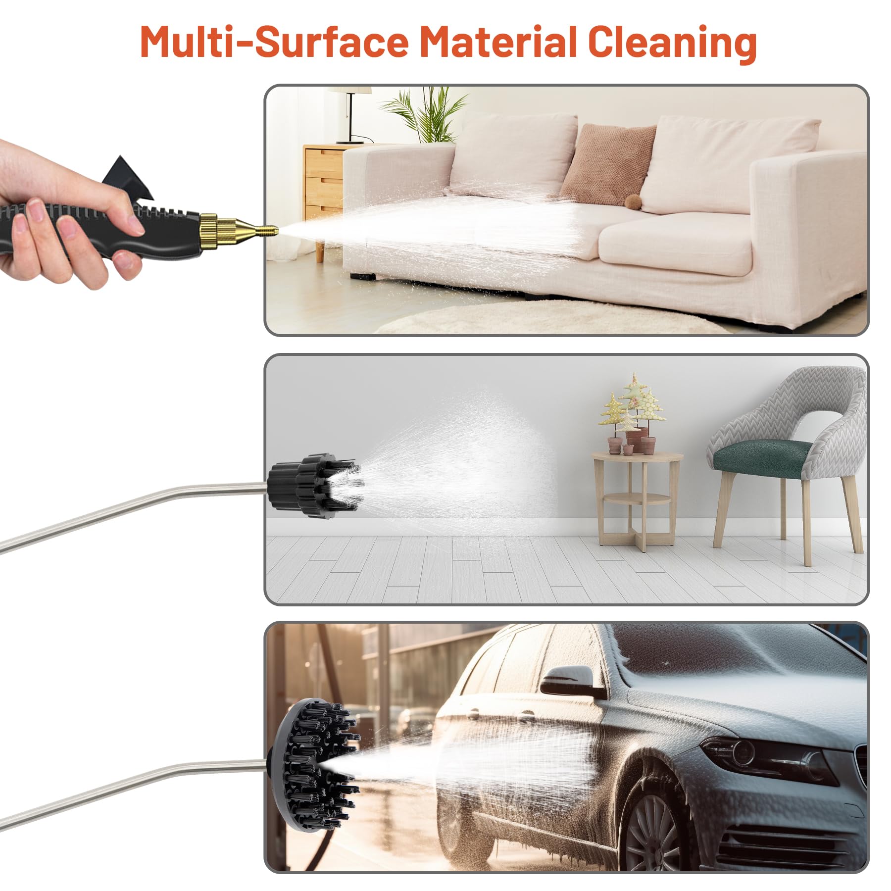 **2500W High Pressure Steam Cleaner for Home - 3 Brush Heads, 2 Washers & Extendable Rod - Handheld Steamer for Upholstery, Kitchen, Bathroom, Floors - Orange & White (Ideal for Deep Cleaning Stains, Grime & Sanitizing Surfaces)**