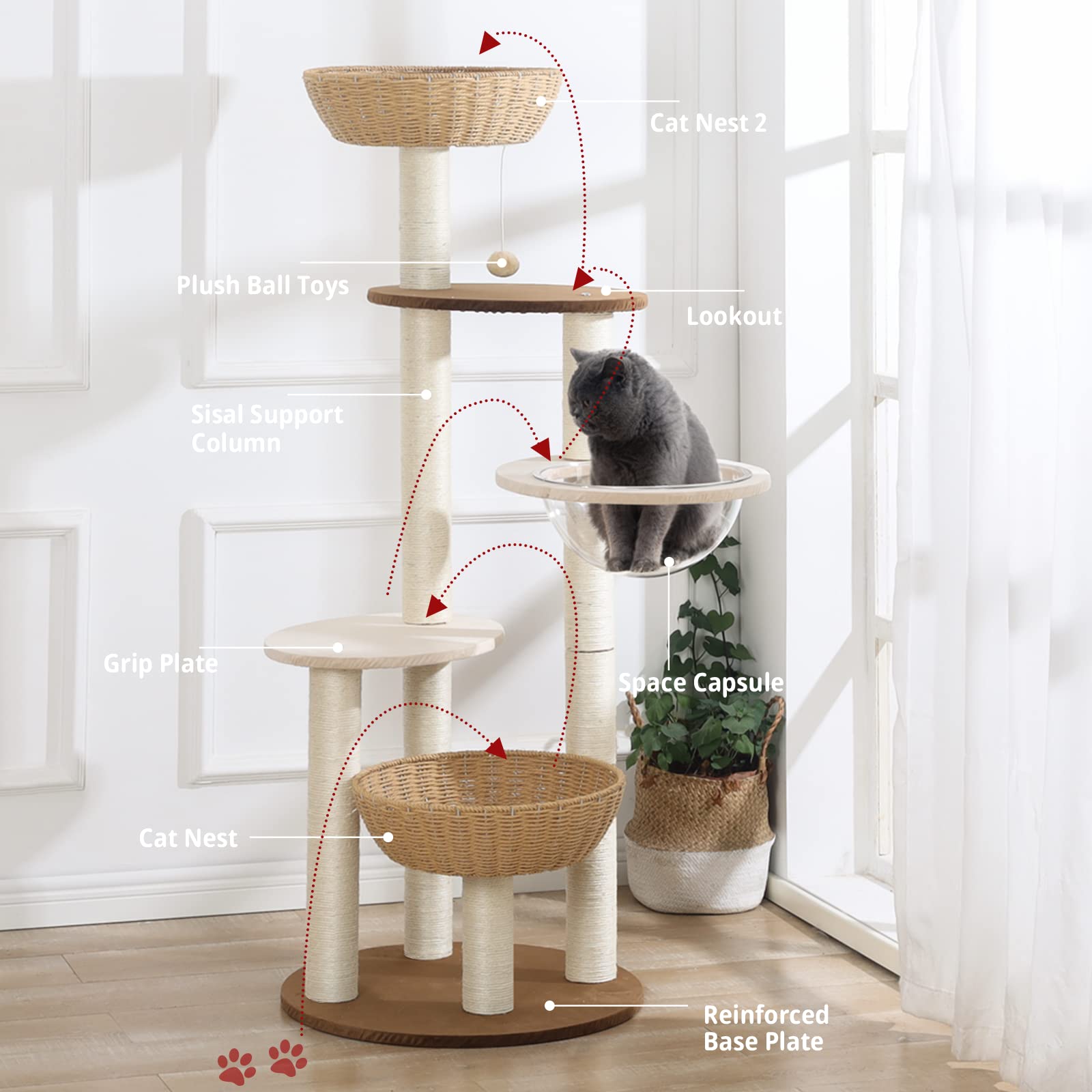 Premium Cat Tree Tower for Large Cats - Natural Sisal Scratching Post, Handwoven Wood Cat Condo with Perches - Indoor Cat Furniture for Climbing & Play - Perfect Cat Lover Gift for Home & Office by Hiyong