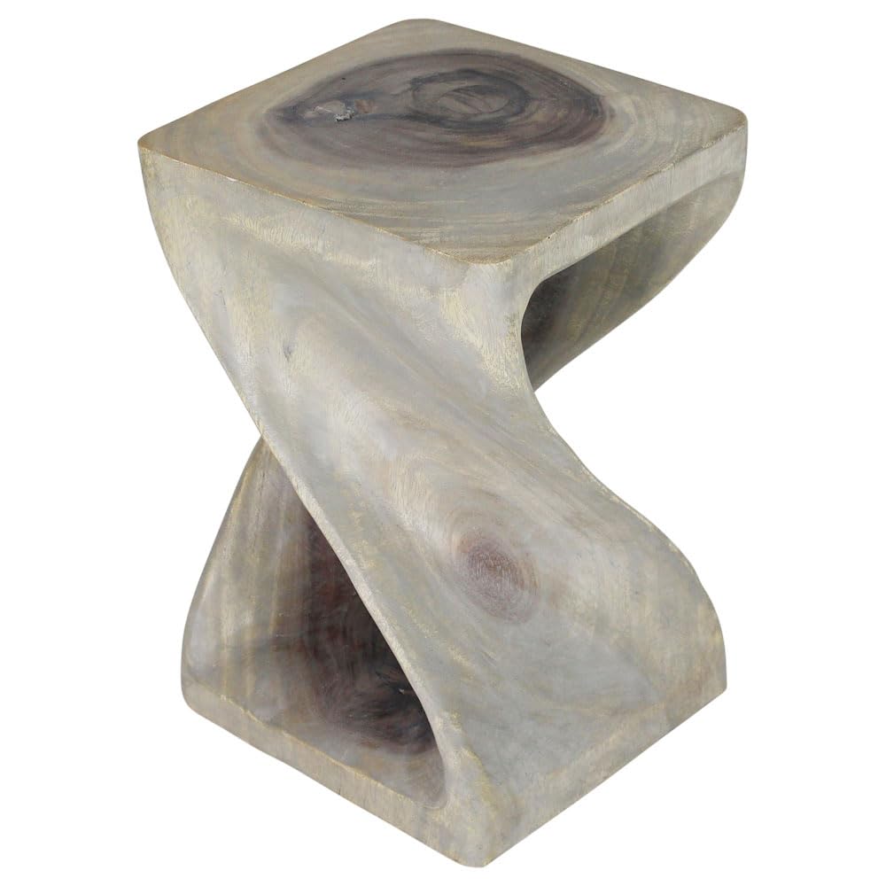 Haussmann Original Wood Twist Stool - 12x12x18 Inch End Table with Grey Oil Finish - Perfect for Living Room, Bedroom, or Office Decor