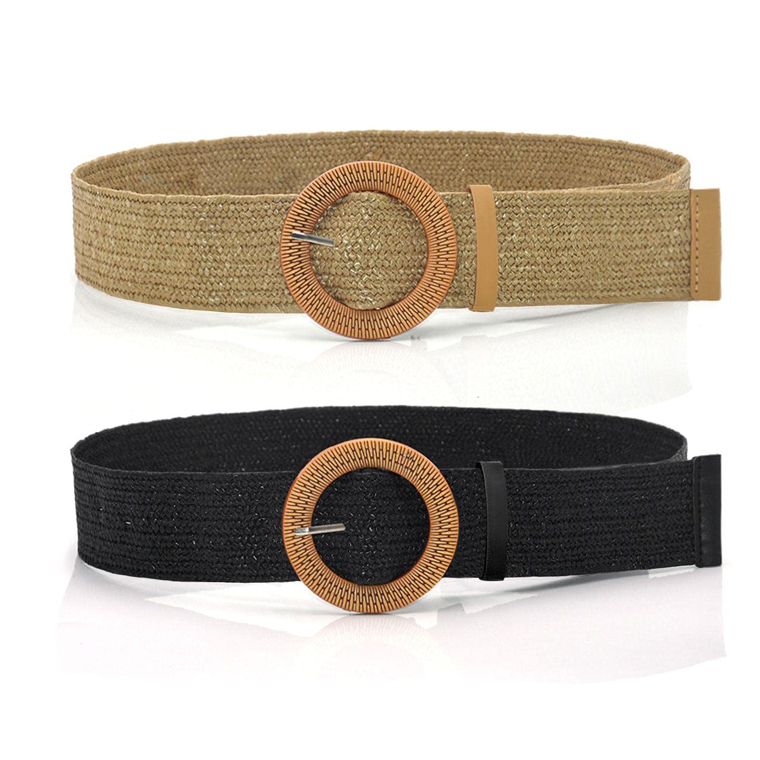 2 Pack Knitted Straw Elastic Belts for Women - Adjustable Waist Belt for Dresses, Jeans & Sweaters - Black & Khaki - Perfect for Casual Outfits, Office Wear & Summer Fashion