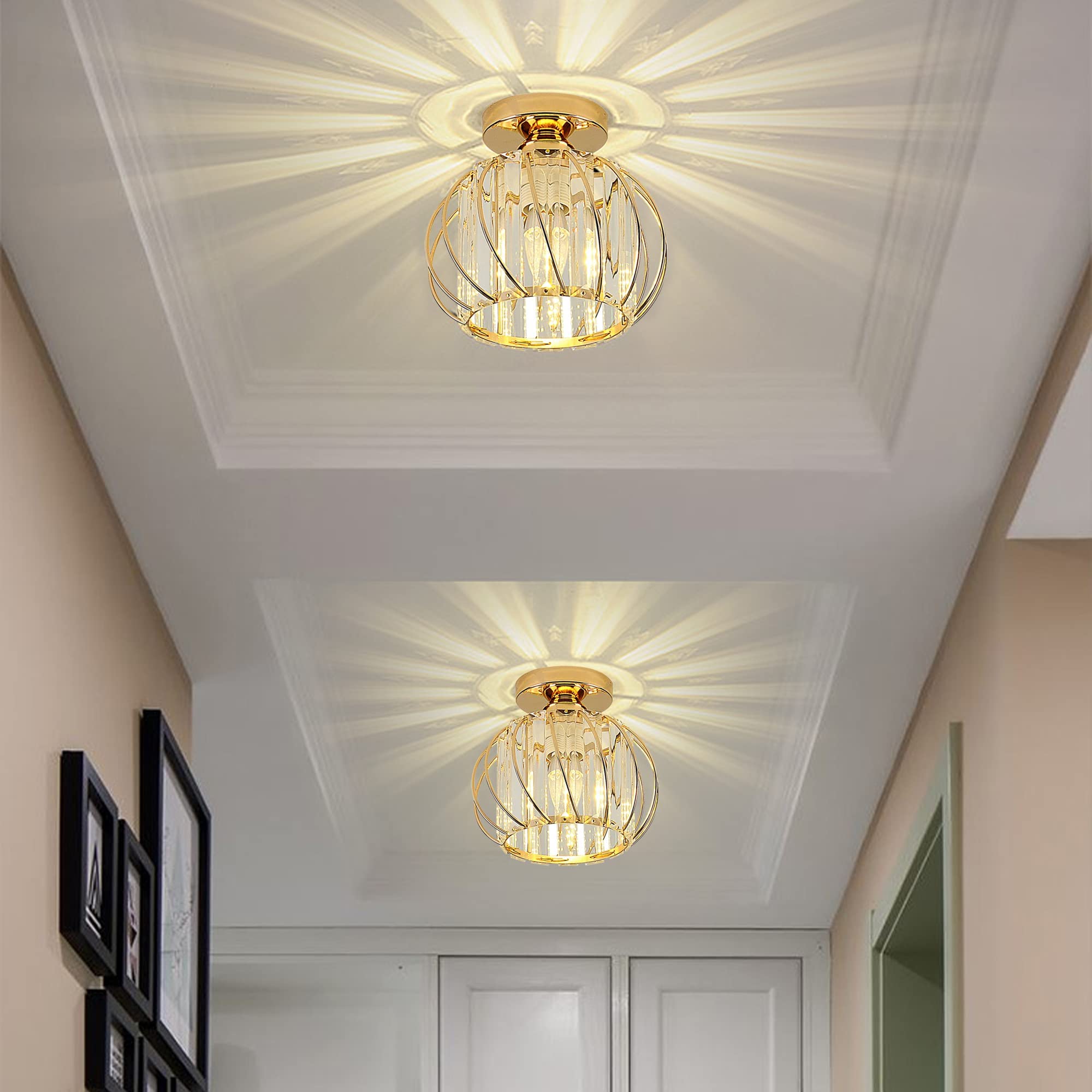 Mini Crystal Chandelier Ceiling Light - Gold Semi-Flush Mount Lighting Fixture for Hallway, Entryway, Kitchen, Dining Room & Bedroom | Elegant Home Decor & Wedding Venue Lighting